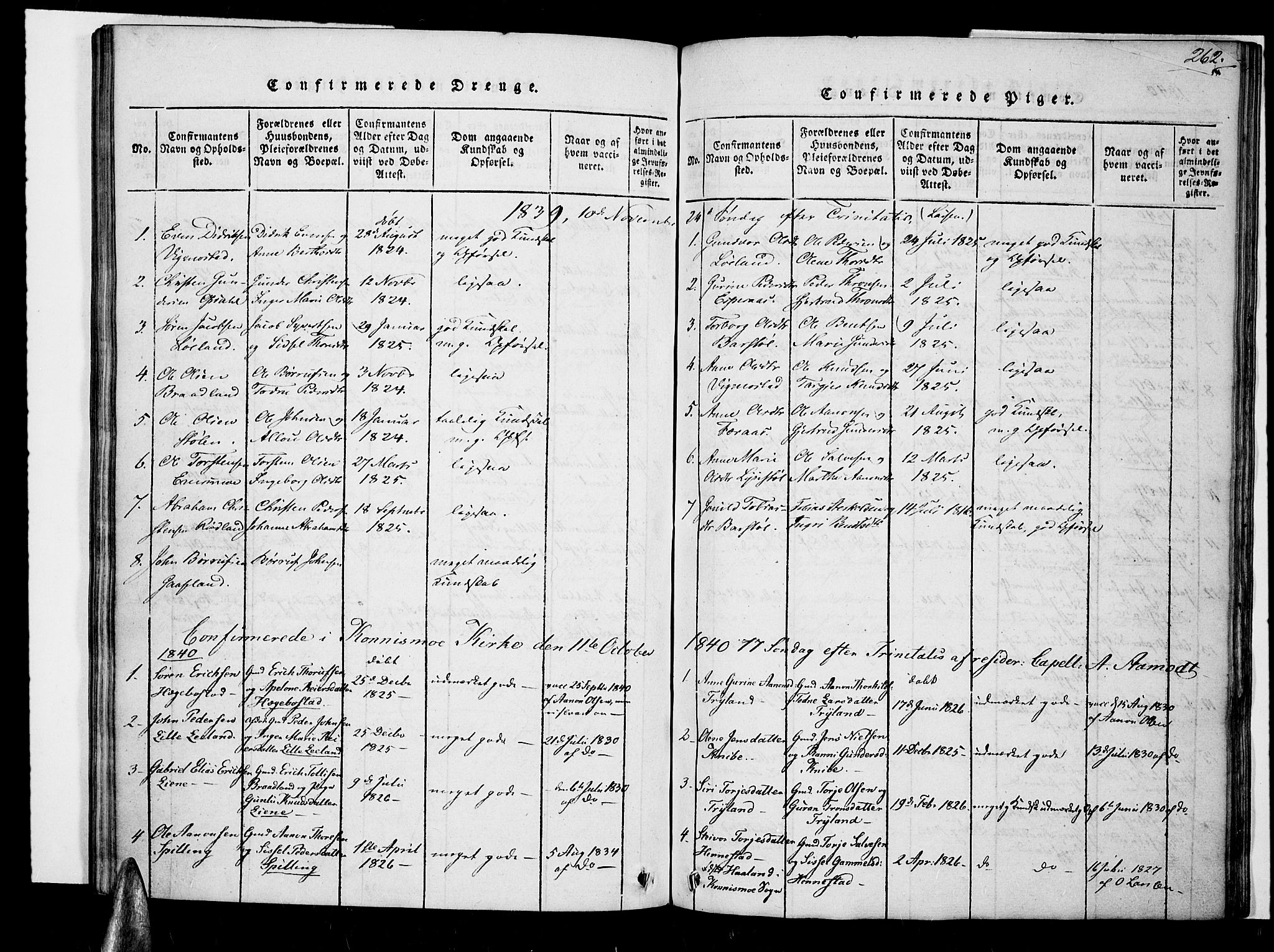 Nord-Audnedal sokneprestkontor, SAK/1111-0032/F/Fa/Fab/L0001: Parish register (official) no. A 1, 1816-1858, p. 262