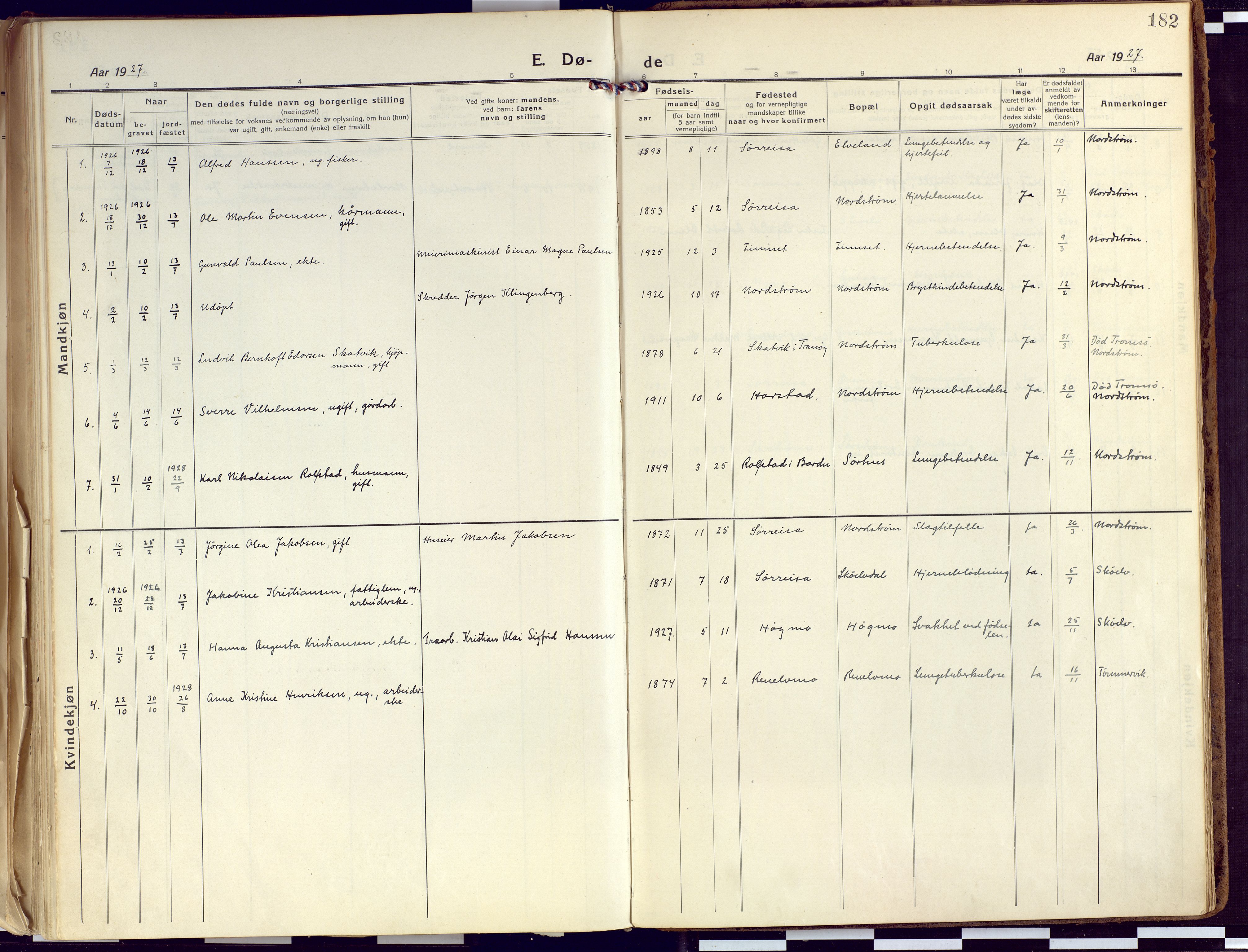 Tranøy sokneprestkontor, AV/SATØ-S-1313/I/Ia/Iaa/L0015kirke: Parish register (official) no. 15, 1919-1928, p. 182