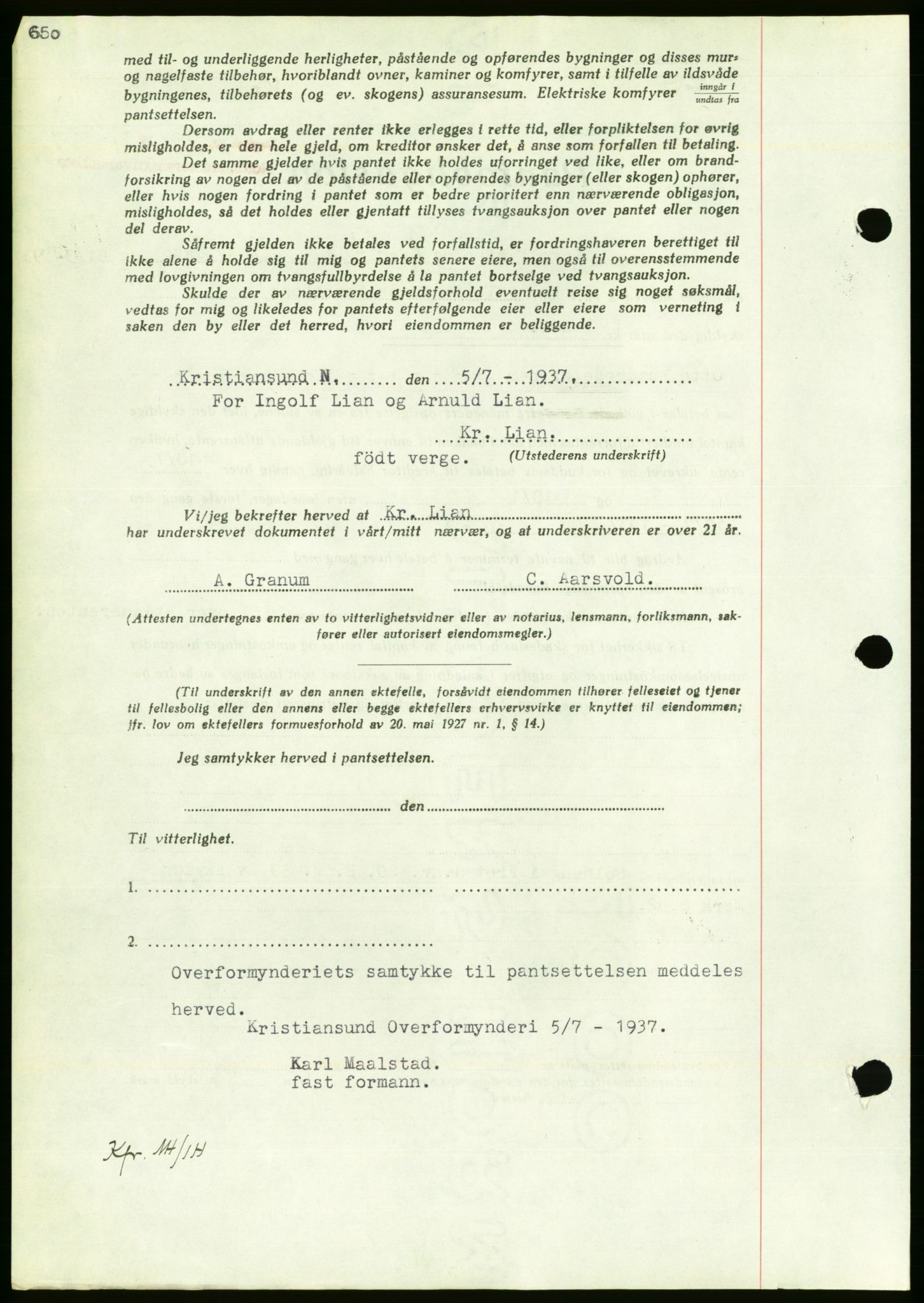 Nordmøre sorenskriveri, AV/SAT-A-4132/1/2/2Ca/L0091: Mortgage book no. B81, 1937-1937, Diary no: : 1787/1937