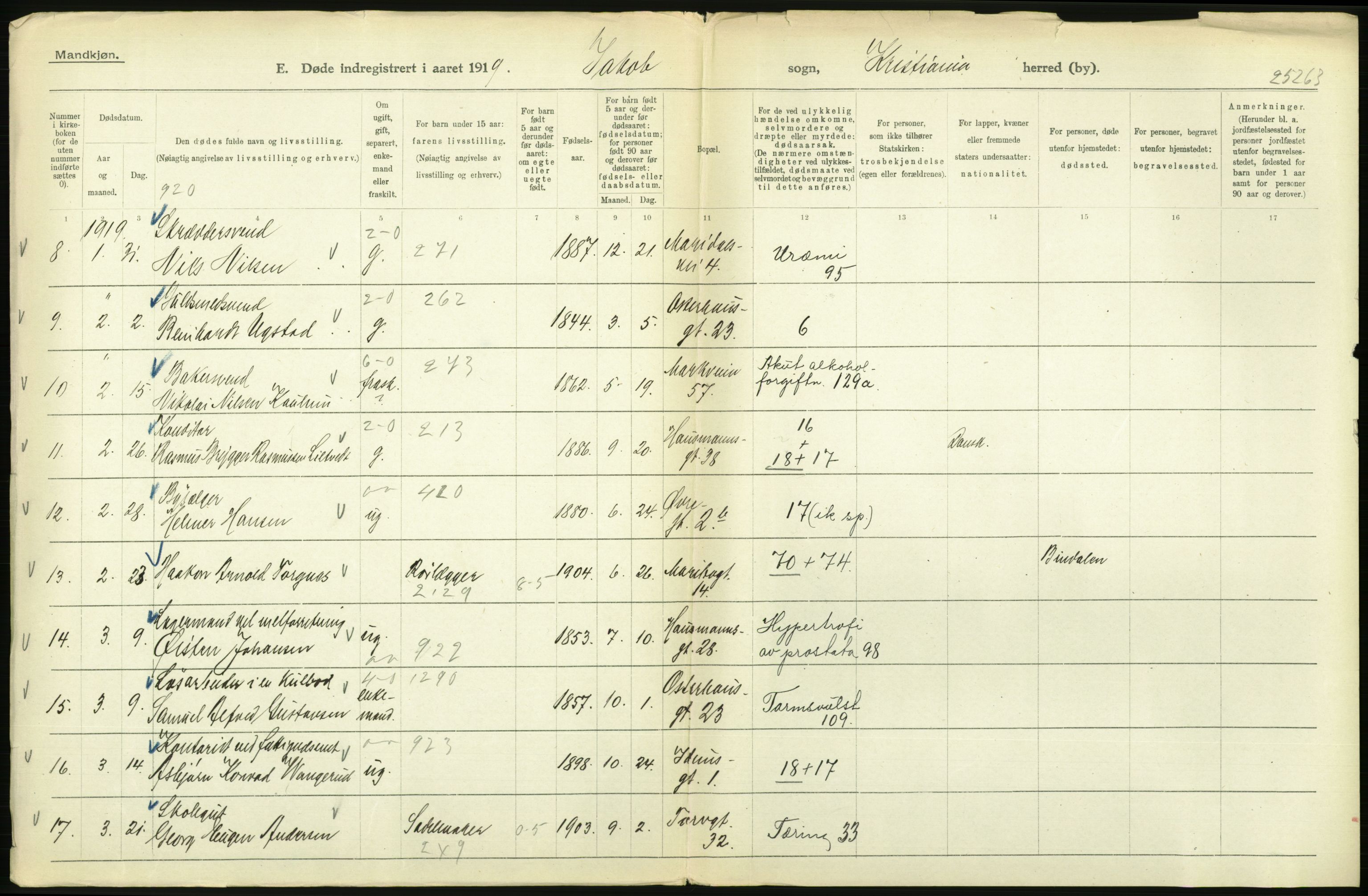 Statistisk sentralbyrå, Sosiodemografiske emner, Befolkning, AV/RA-S-2228/D/Df/Dfb/Dfbi/L0011: Kristiania: Døde, dødfødte, 1919