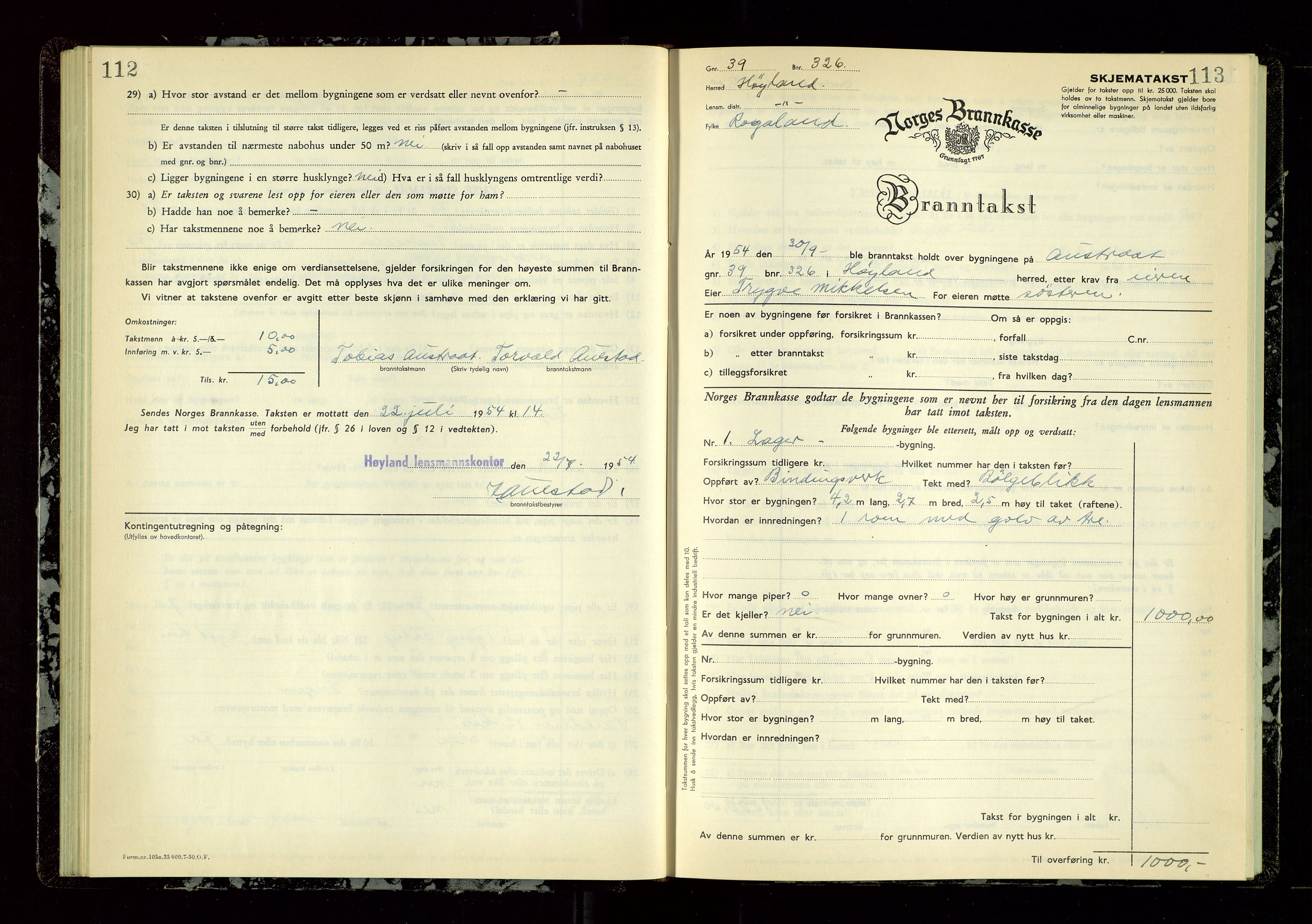 Høyland/Sandnes lensmannskontor, AV/SAST-A-100166/Gob/L0009: "Branntakstprotokoll", 1952-1955, p. 112-113