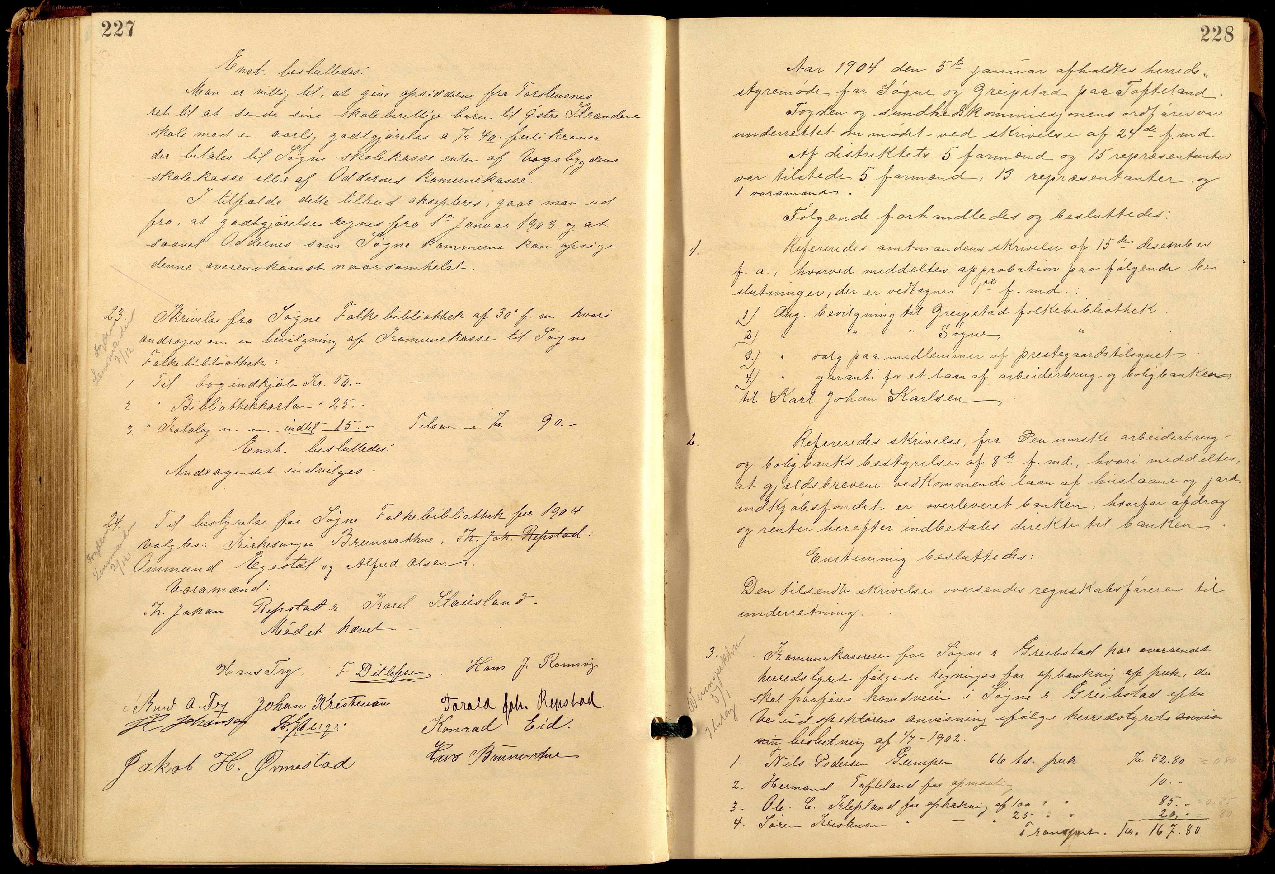 Søgne og Greipstad kommune - Formannskapet, ARKSOR/1018SG120/A/L0006: Møtebok (d), 1901-1909, p. 227-228