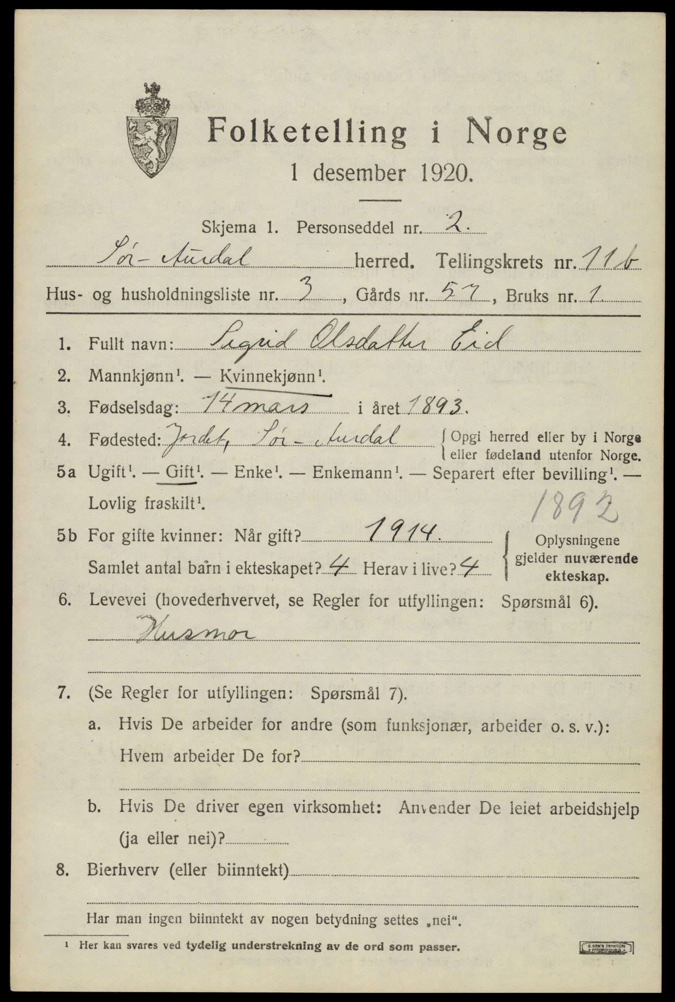 SAH, 1920 census for Sør-Aurdal, 1920, p. 6287