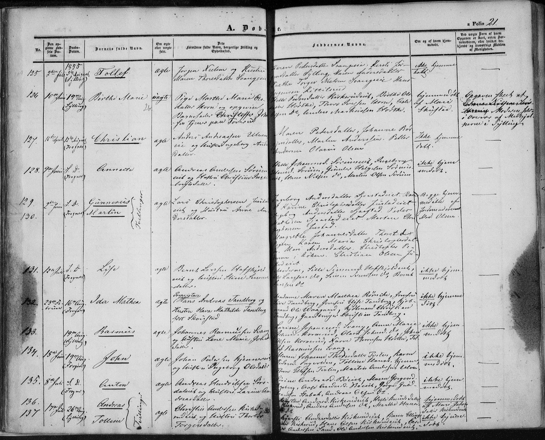 Lier kirkebøker, AV/SAKO-A-230/F/Fa/L0012: Parish register (official) no. I 12, 1854-1864, p. 21