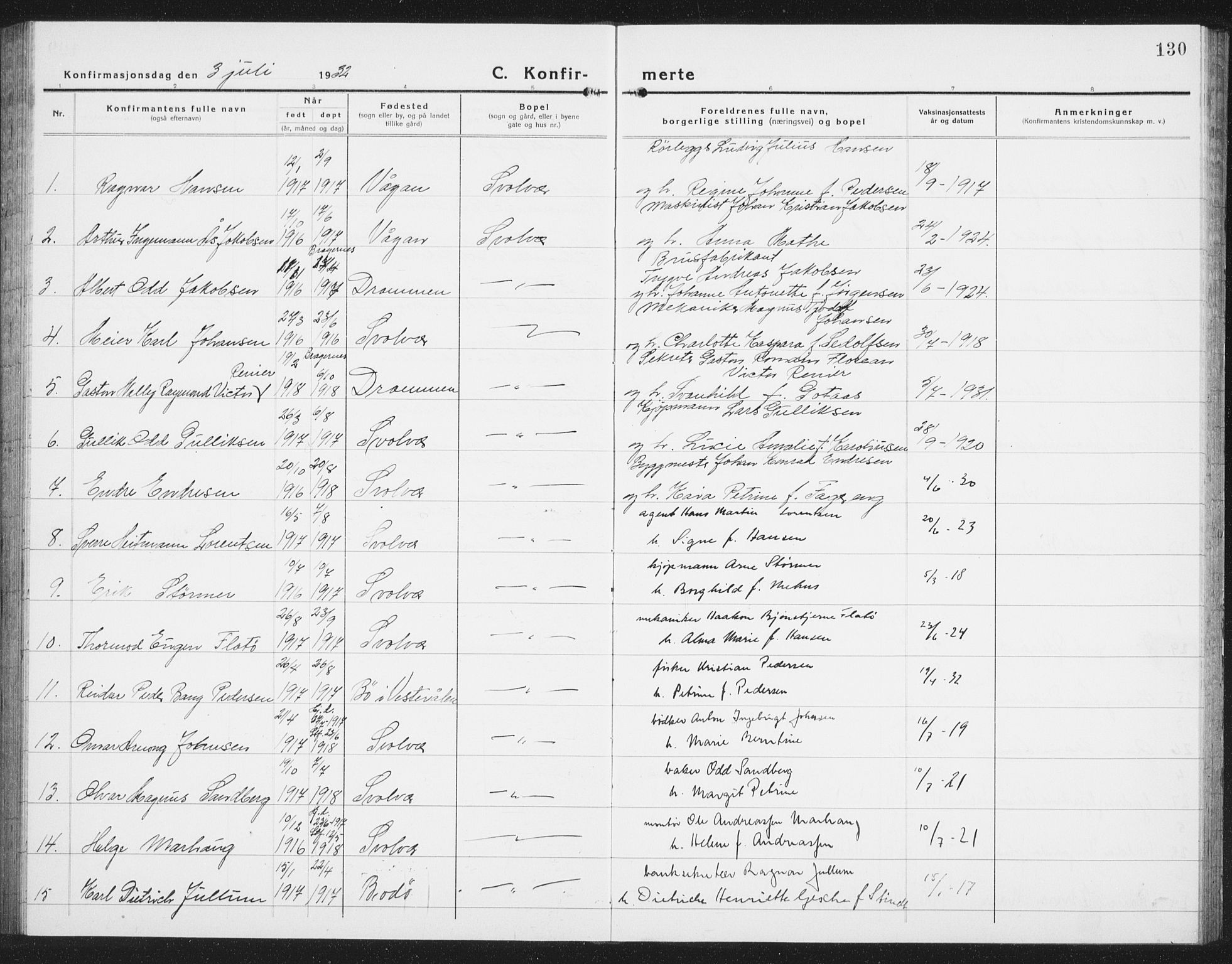 Ministerialprotokoller, klokkerbøker og fødselsregistre - Nordland, AV/SAT-A-1459/877/L1117: Parish register (copy) no. 877C01, 1923-1942, p. 130