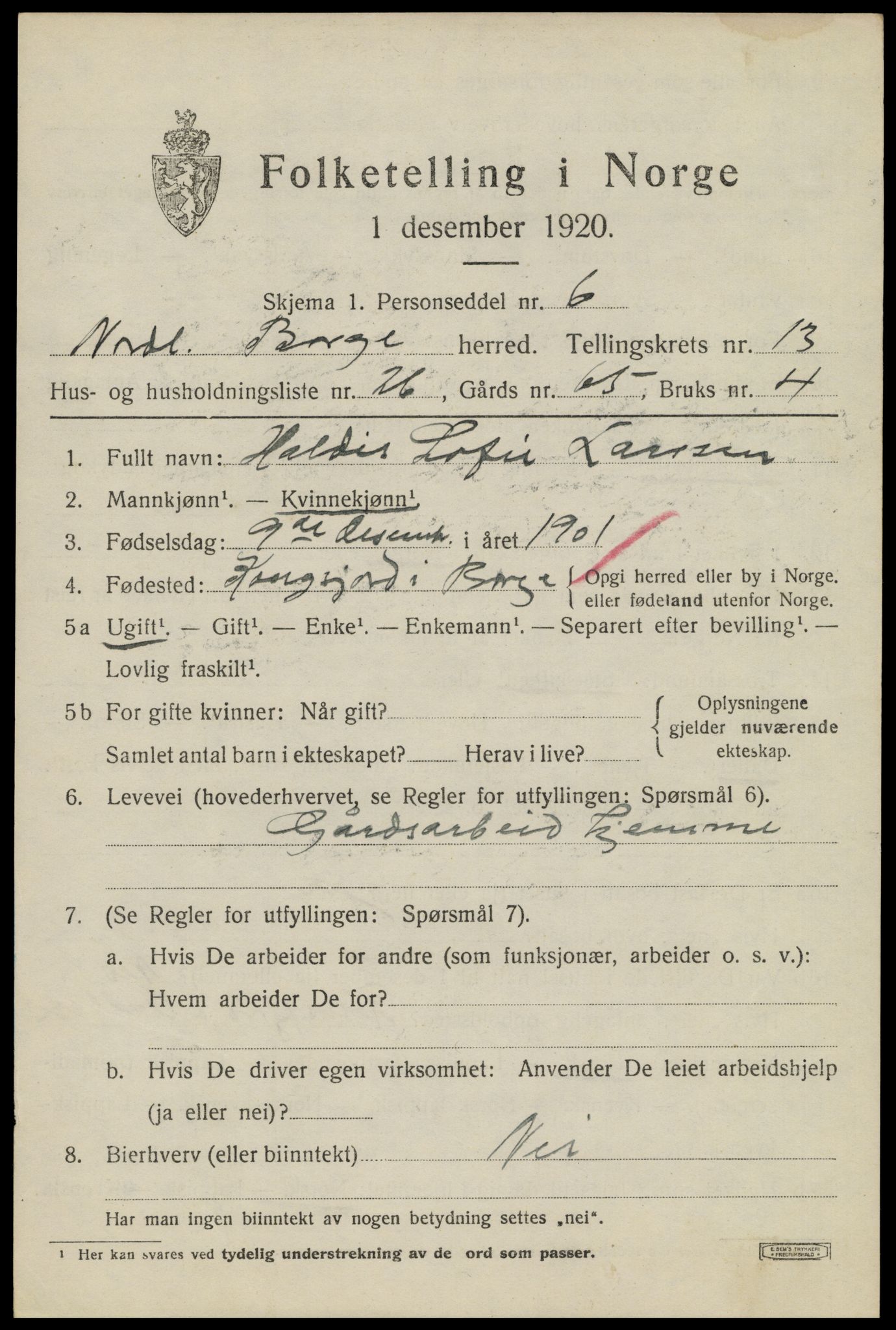 SAT, 1920 census for Borge, 1920, p. 10603