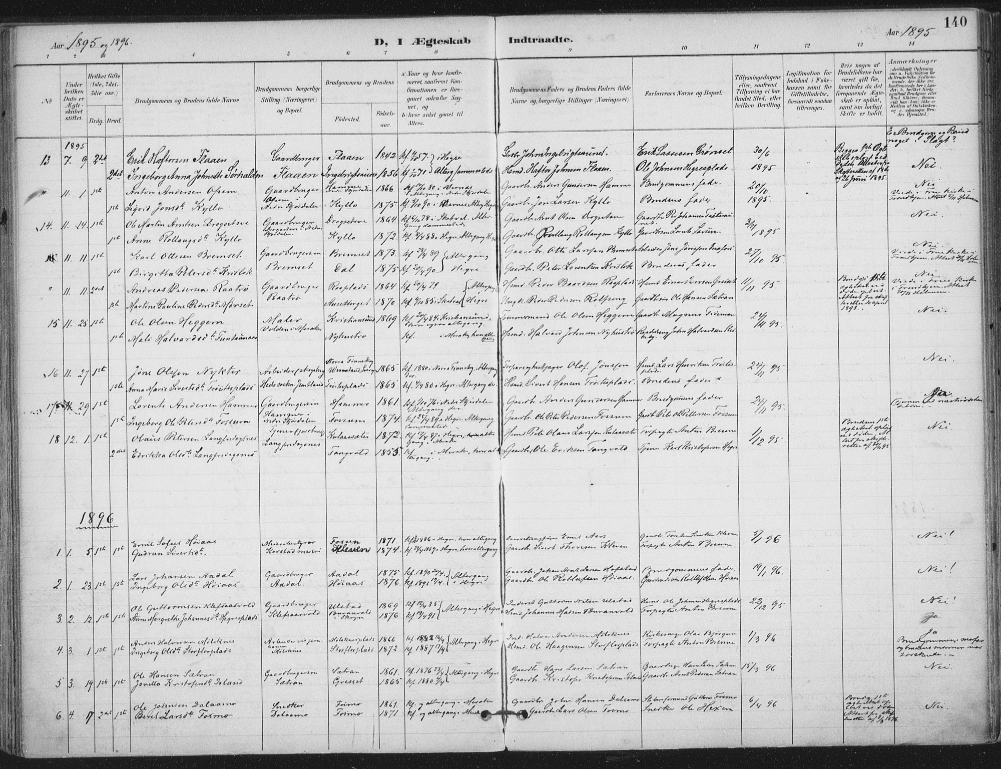 Ministerialprotokoller, klokkerbøker og fødselsregistre - Nord-Trøndelag, SAT/A-1458/703/L0031: Parish register (official) no. 703A04, 1893-1914, p. 140