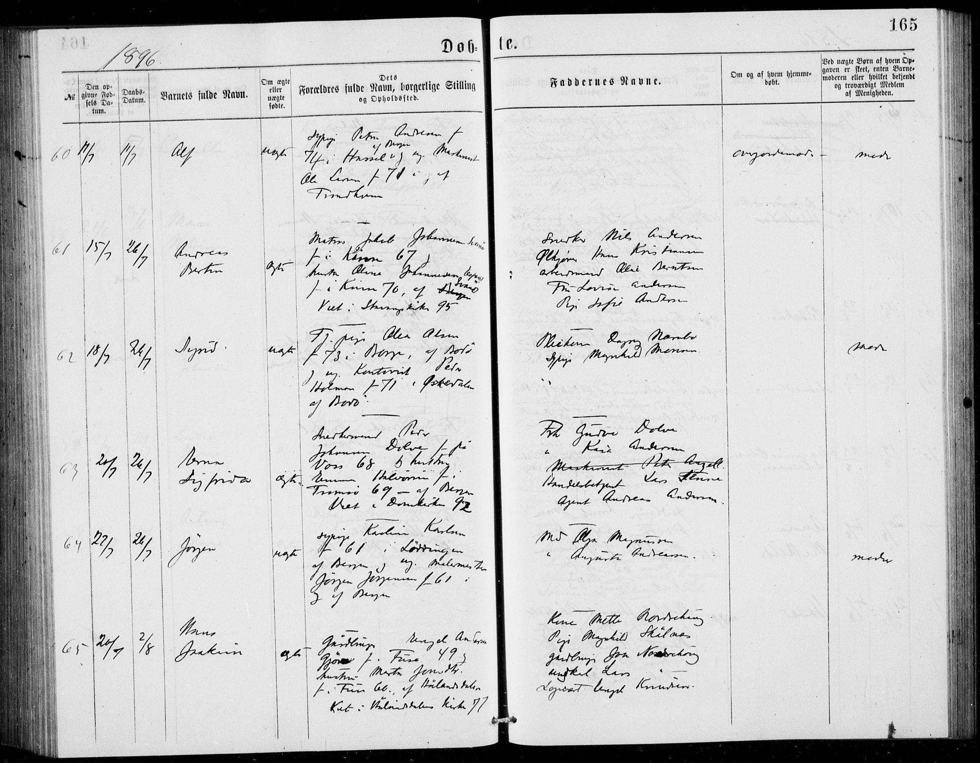 Fødselsstiftelsens sokneprestembete, ført av overlegen*, SAB/-: Parish register (official) no. A 2, 1884-1900, p. 165