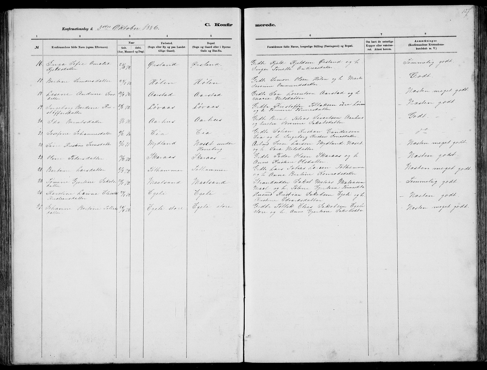 Sokndal sokneprestkontor, AV/SAST-A-101808: Parish register (copy) no. B 4, 1880-1891, p. 127