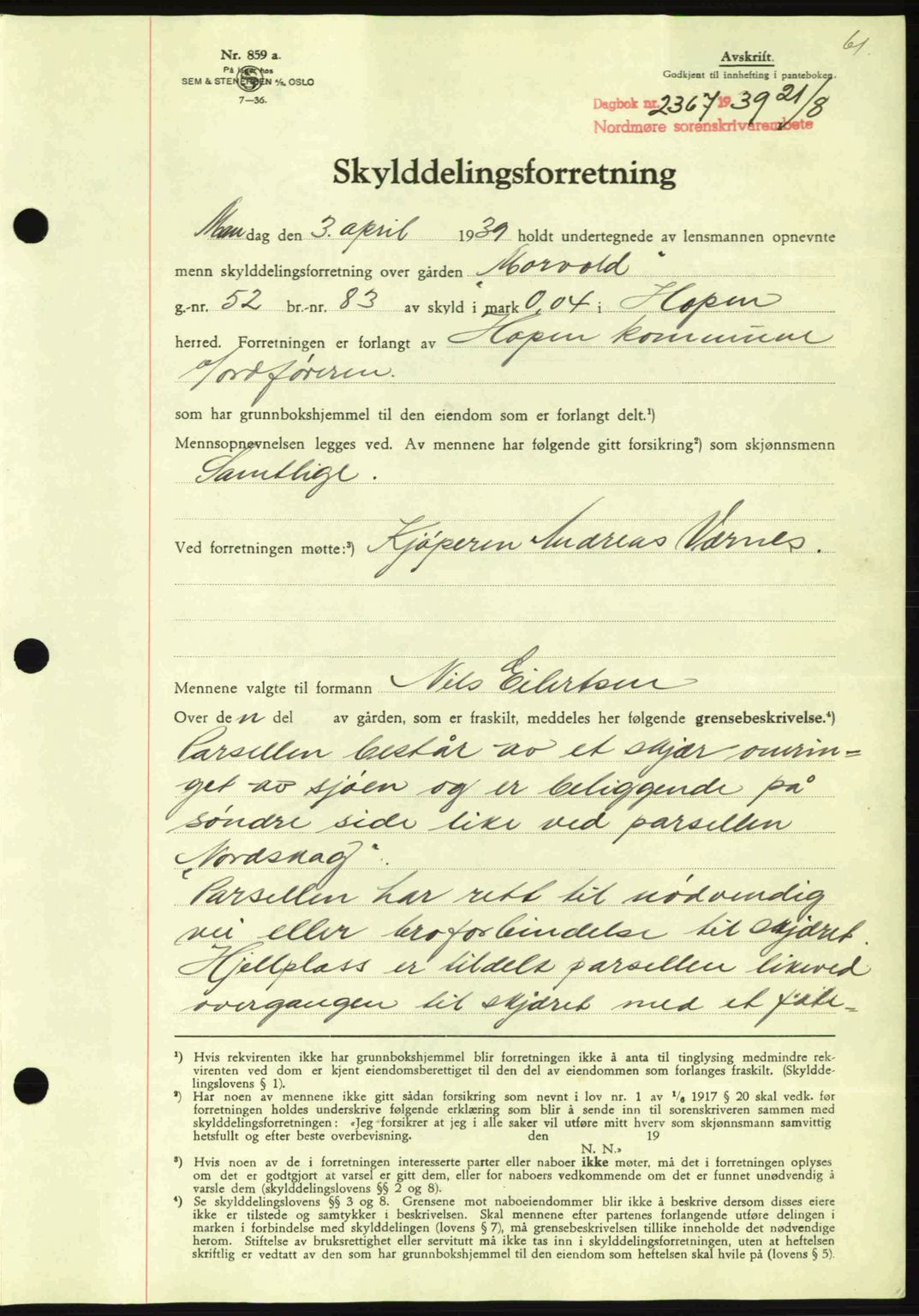 Nordmøre sorenskriveri, AV/SAT-A-4132/1/2/2Ca: Mortgage book no. A87, 1939-1940, Diary no: : 2367/1939