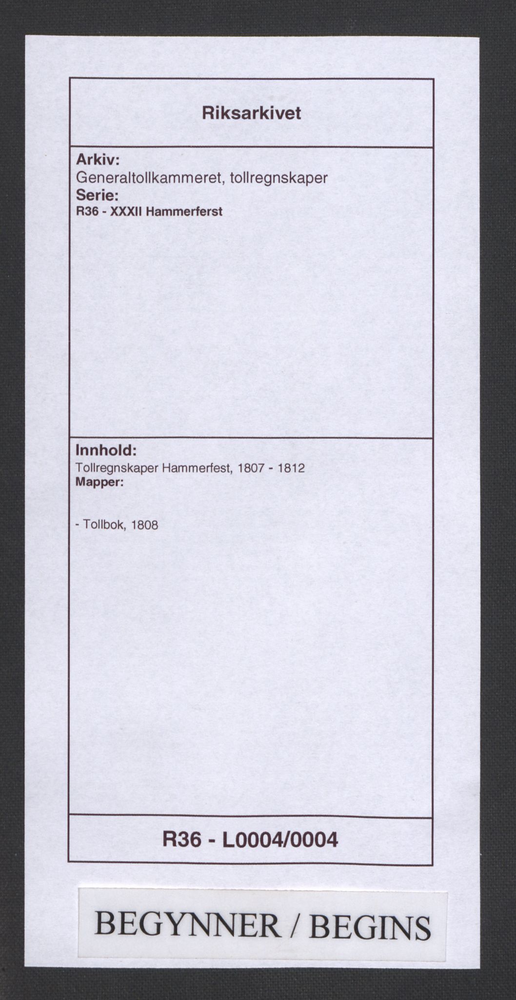 Generaltollkammeret, tollregnskaper, RA/EA-5490/R36/L0004/0004: Tollregnskaper Hammerfest / Tollbok, 1808
