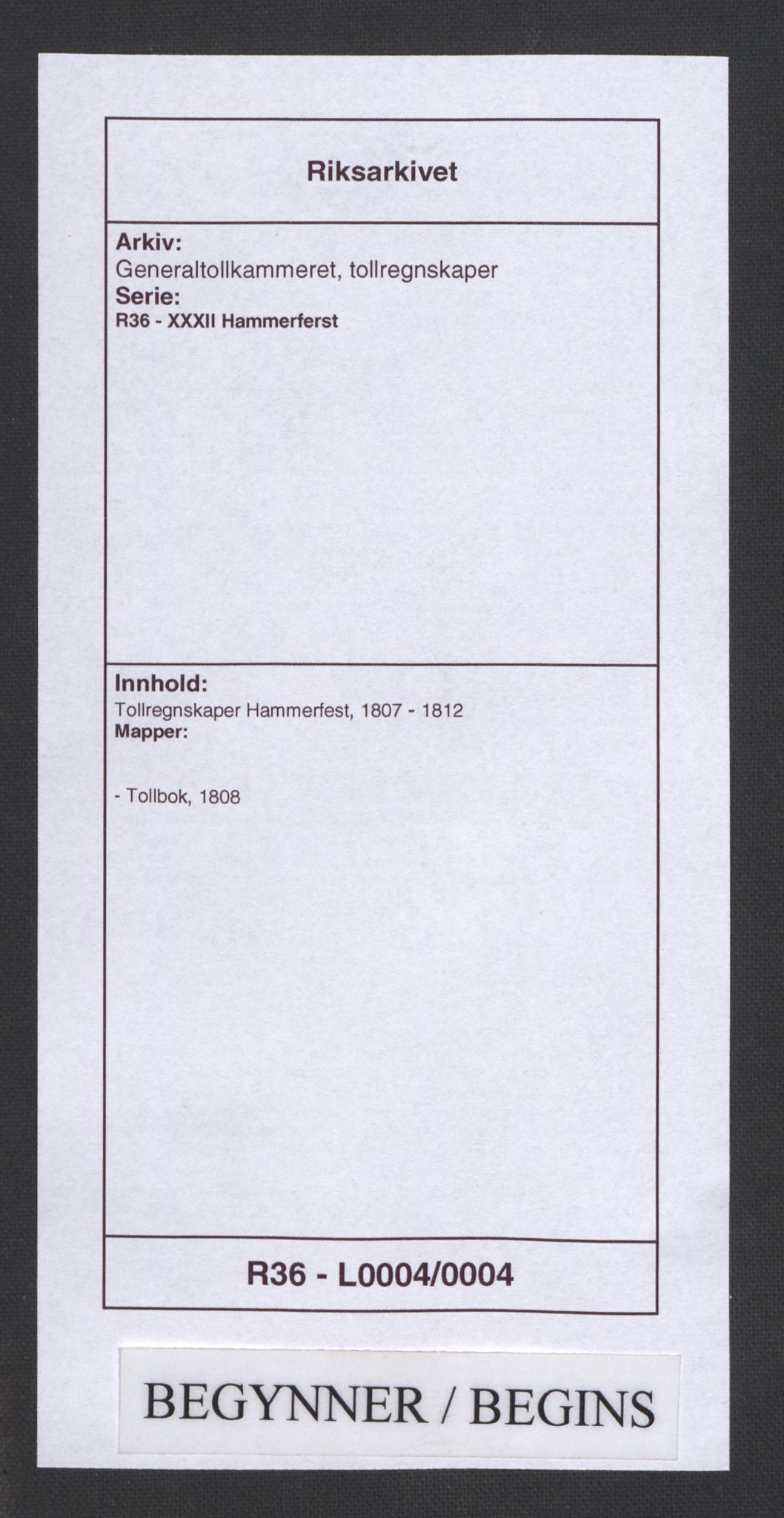 Generaltollkammeret, tollregnskaper, AV/RA-EA-5490/R36/L0004/0004: Tollregnskaper Hammerfest / Tollbok, 1808