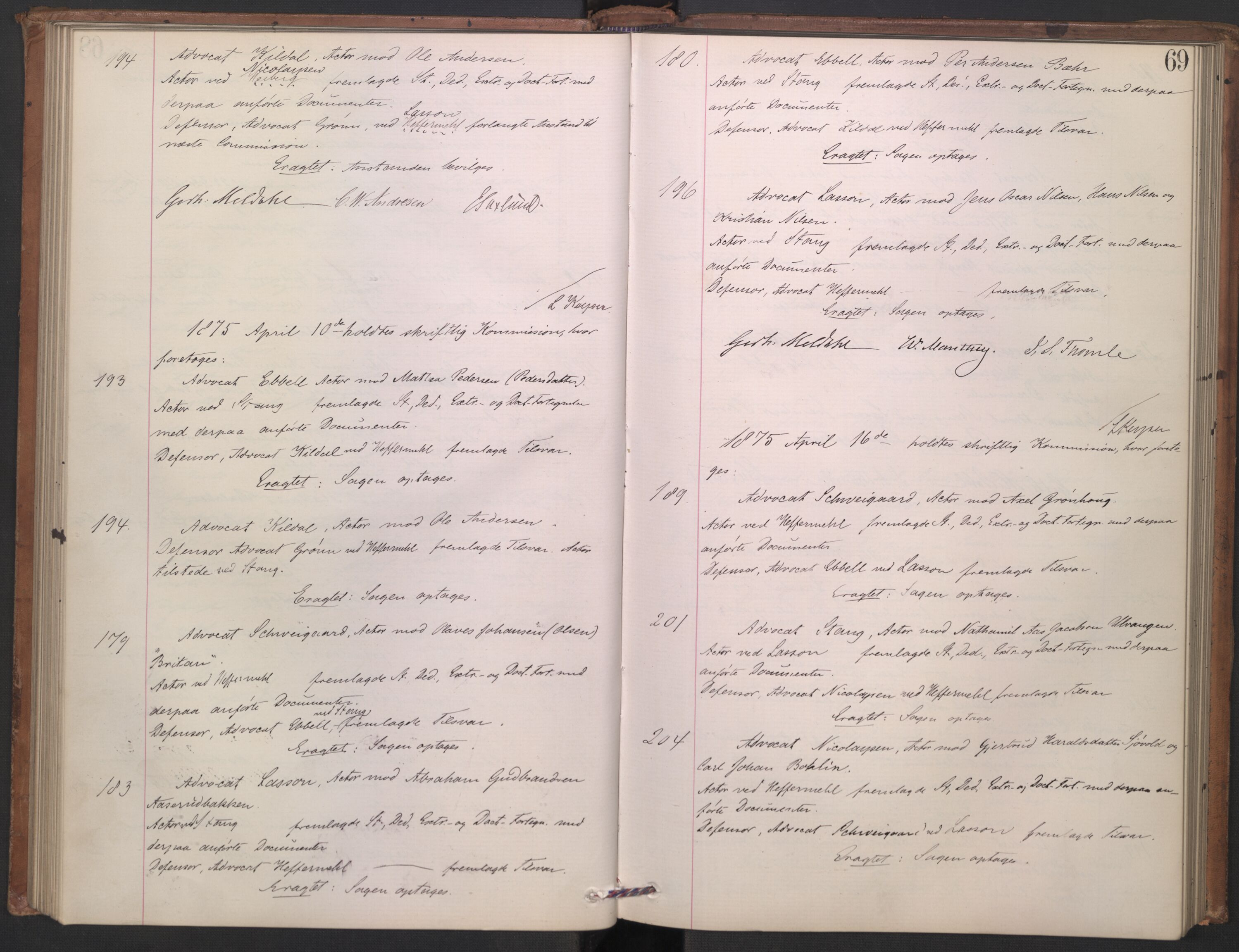 Høyesterett, AV/RA-S-1002/E/Ef/L0013: Protokoll over saker som gikk til skriftlig behandling, 1873-1879, p. 68b-69a