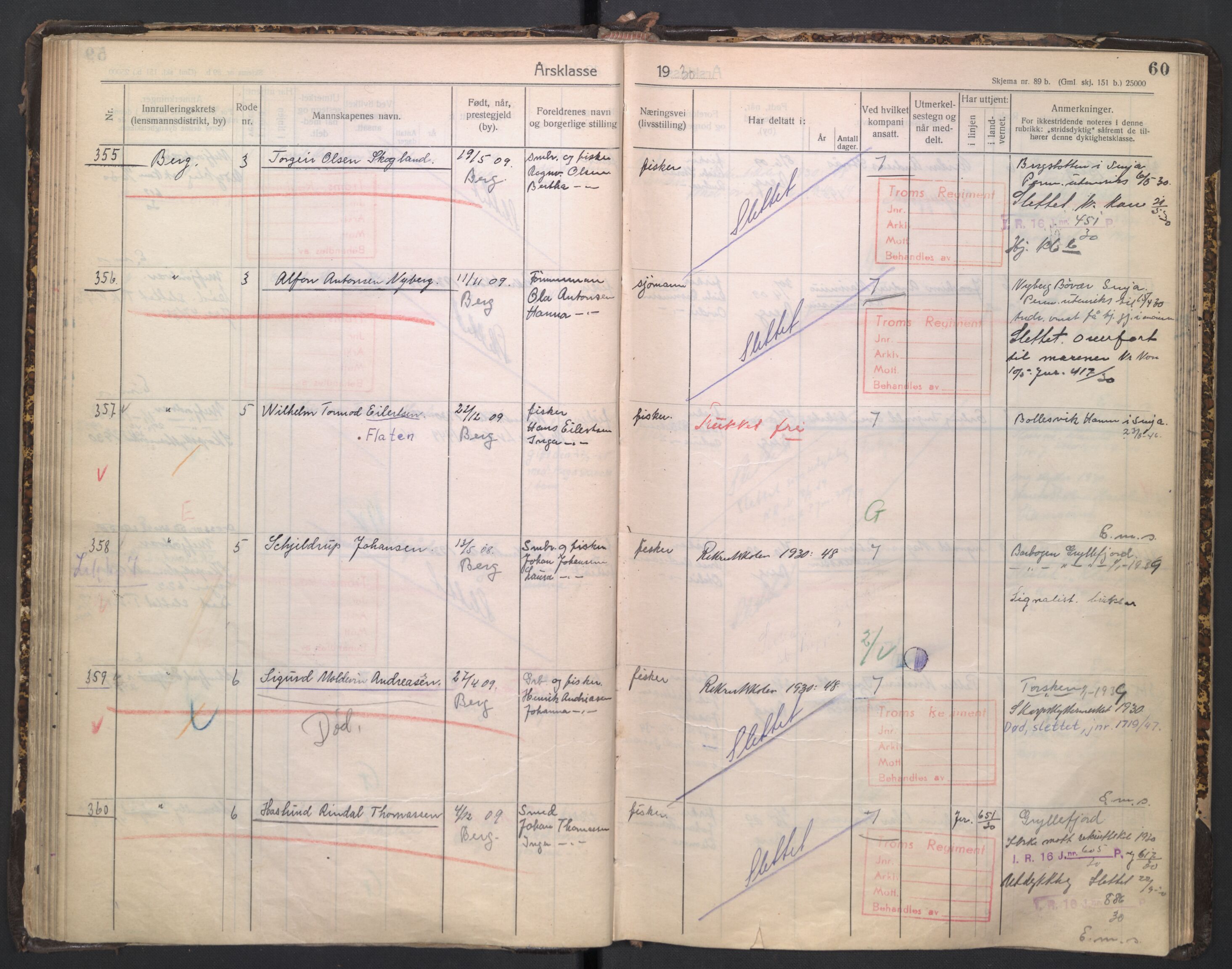 Forsvaret, Troms infanteriregiment nr. 16, AV/RA-RAFA-3146/P/Pa/L0005/0003: Ruller / Rulle for regimentets stridende menige mannskaper, årsklasse 1930, 1930, p. 60