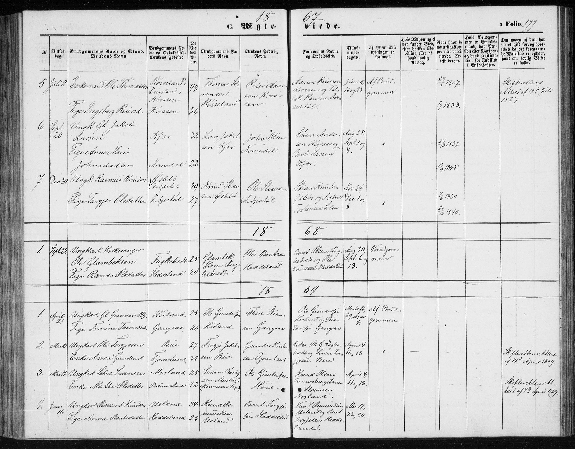 Holum sokneprestkontor, SAK/1111-0022/F/Fb/Fbc/L0002: Parish register (copy) no. B 2, 1860-1882, p. 177