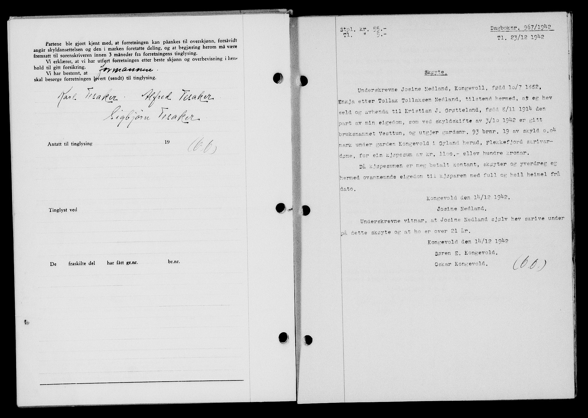 Flekkefjord sorenskriveri, SAK/1221-0001/G/Gb/Gba/L0058: Mortgage book no. A-6, 1942-1944, Diary no: : 967/1942