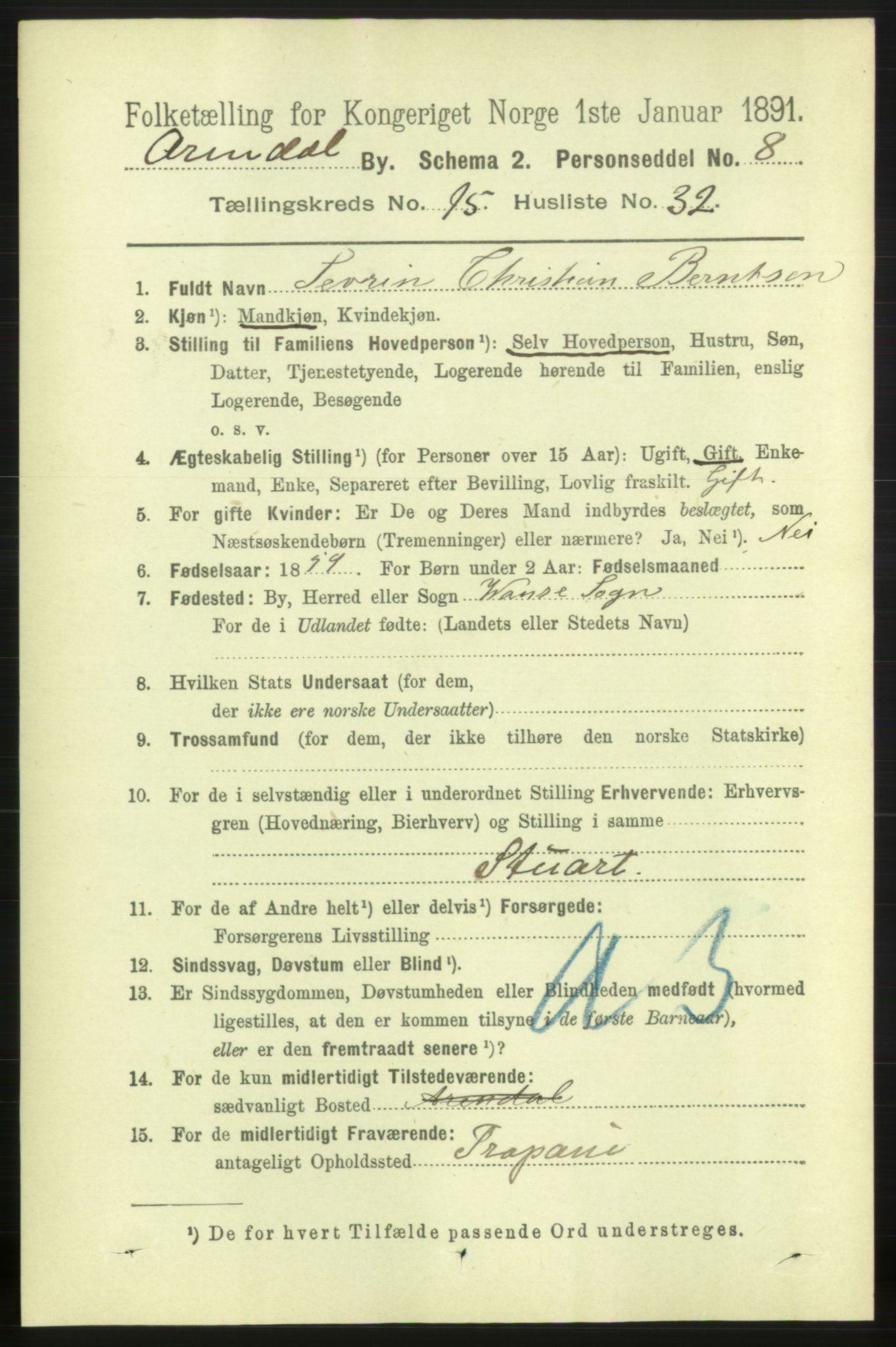 RA, 1891 census for 0903 Arendal, 1891, p. 5343