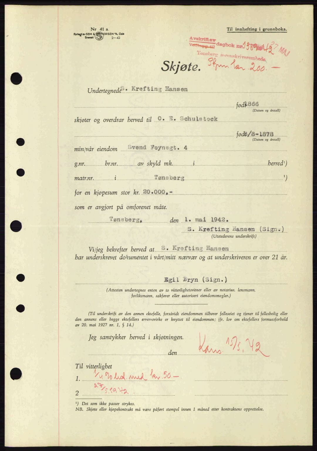 Tønsberg sorenskriveri, AV/SAKO-A-130/G/Ga/Gaa/L0011: Mortgage book no. A11, 1941-1942, Diary no: : 1369/1942