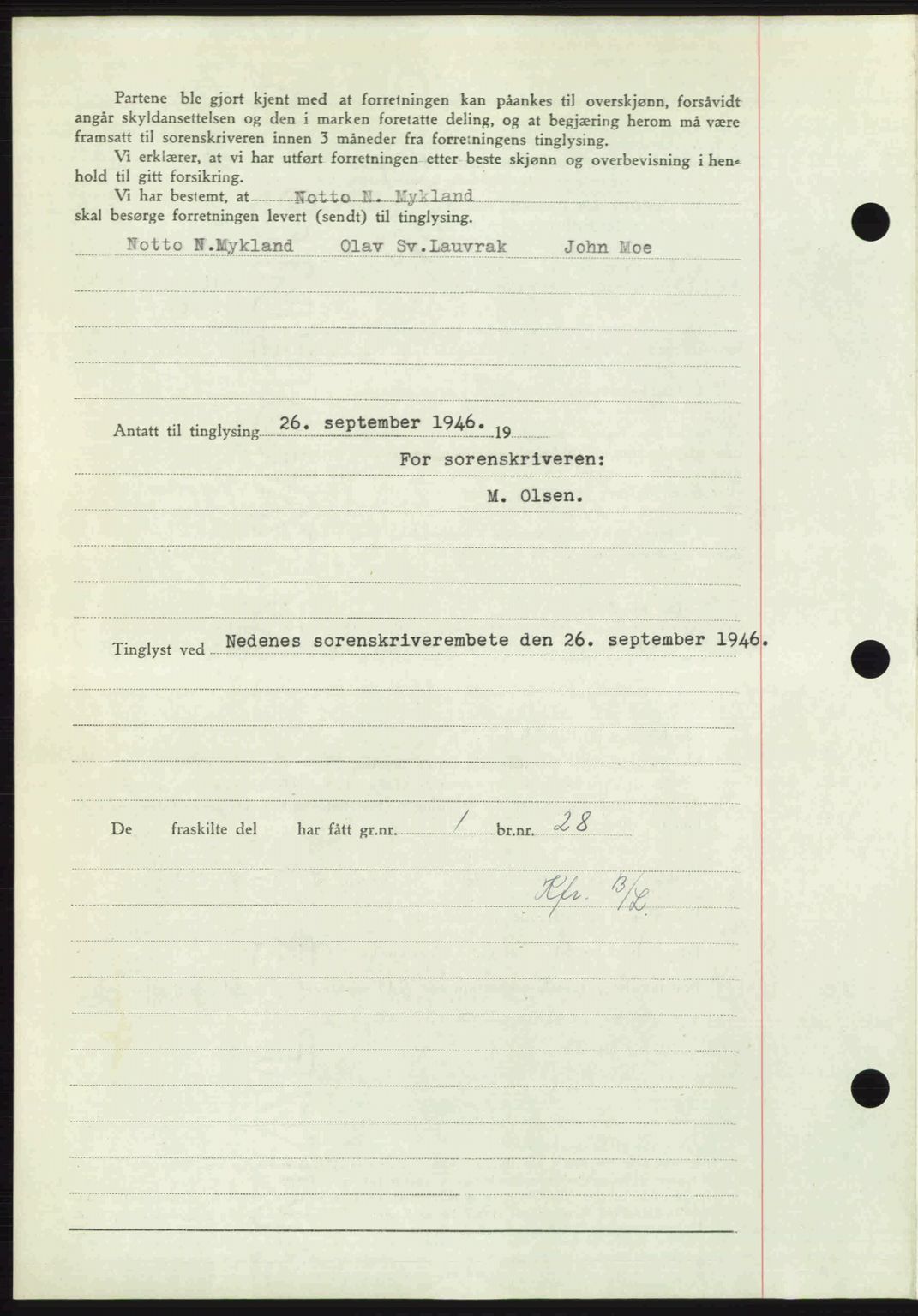 Nedenes sorenskriveri, AV/SAK-1221-0006/G/Gb/Gba/L0056: Mortgage book no. A8, 1946-1947, Diary no: : 1183/1946