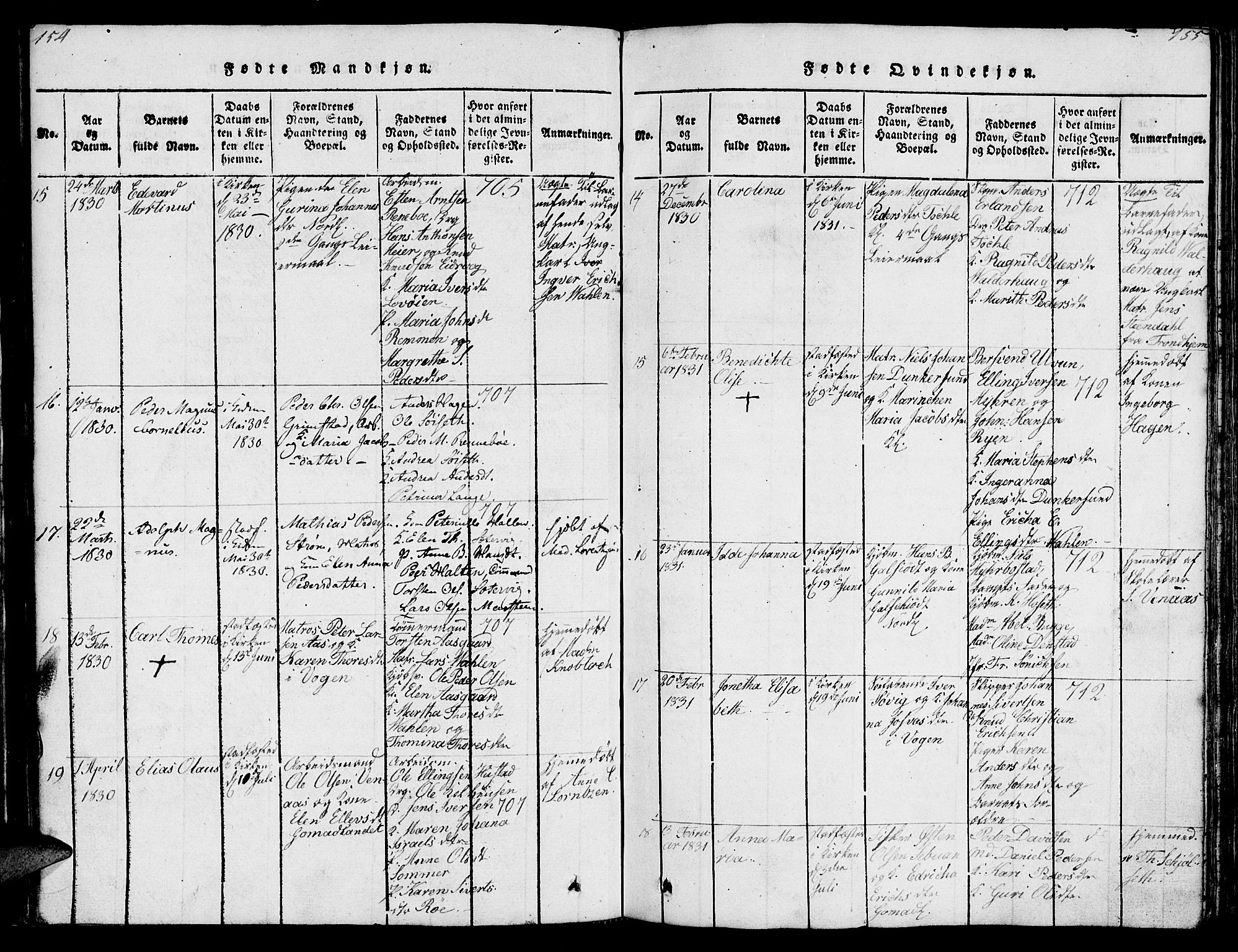 Ministerialprotokoller, klokkerbøker og fødselsregistre - Møre og Romsdal, SAT/A-1454/572/L0856: Parish register (copy) no. 572C01, 1819-1832, p. 154-155