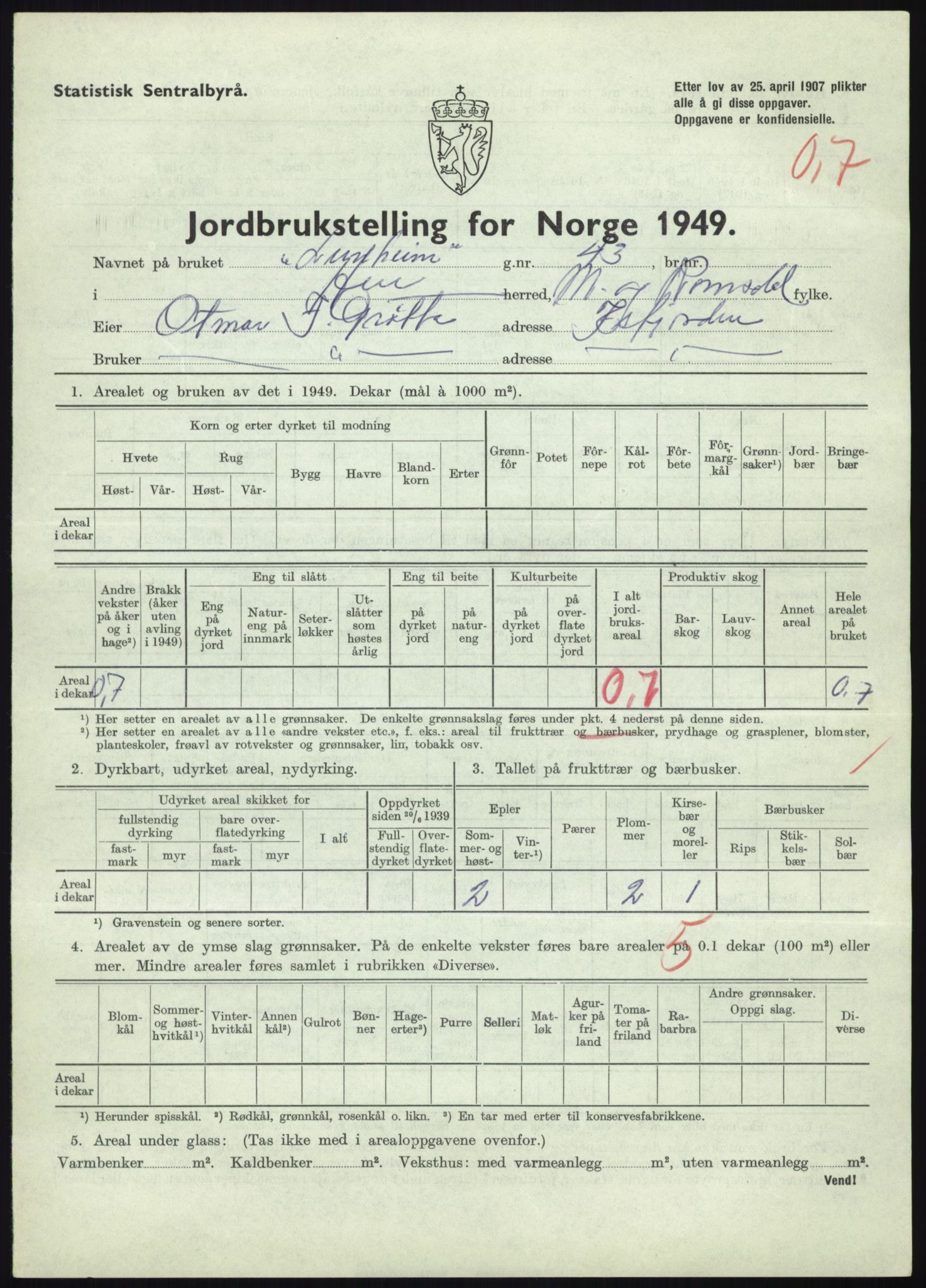 Statistisk sentralbyrå, Næringsøkonomiske emner, Jordbruk, skogbruk, jakt, fiske og fangst, AV/RA-S-2234/G/Gc/L0323: Møre og Romsdal: Grytten og Hen, 1949, p. 475