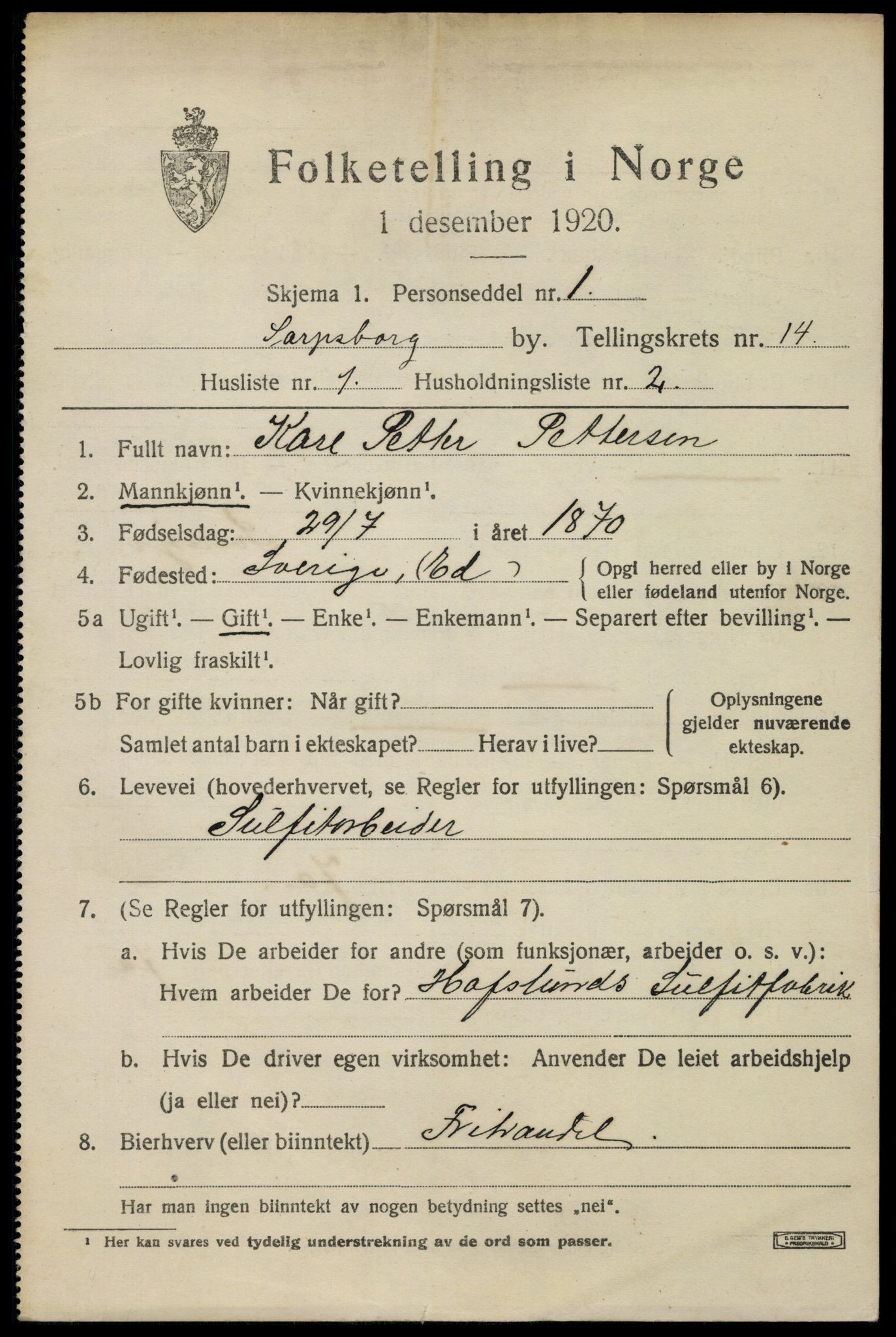 SAO, 1920 census for Sarpsborg, 1920, p. 28244