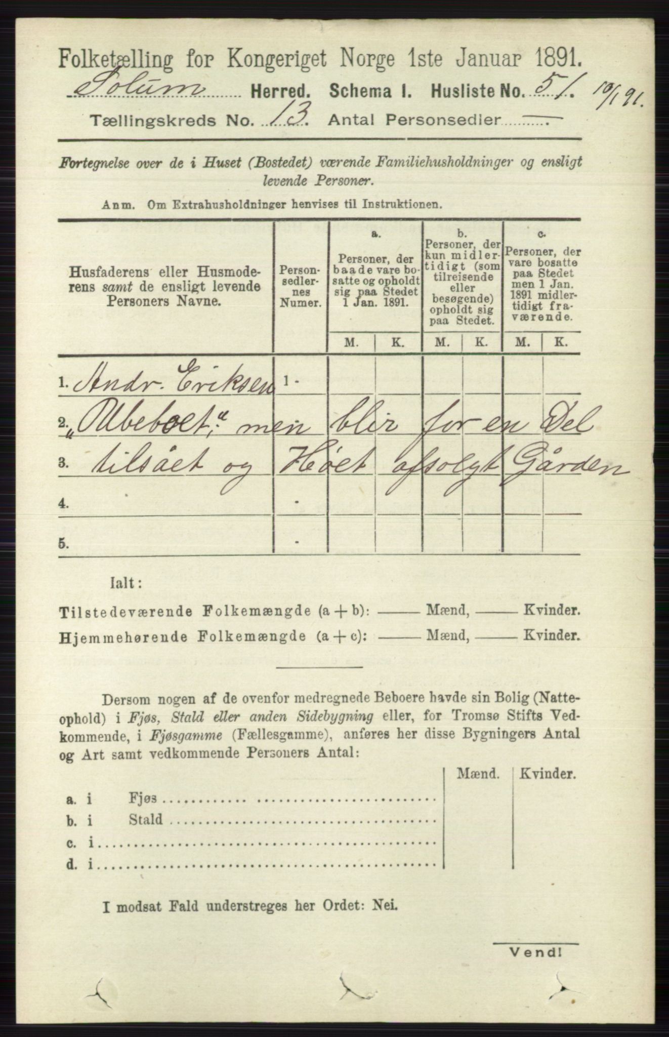 RA, 1891 census for 0818 Solum, 1891, p. 6053