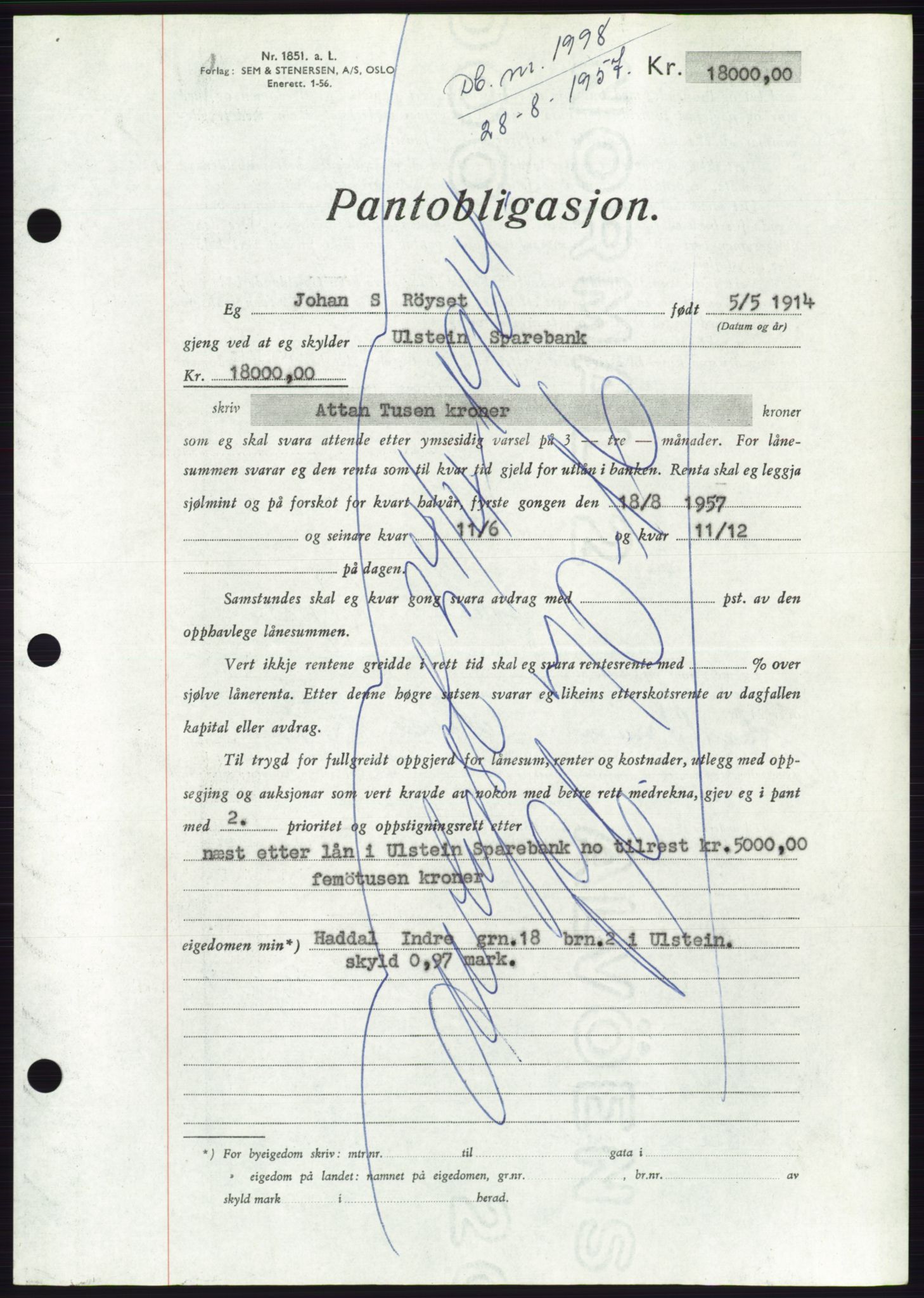 Søre Sunnmøre sorenskriveri, AV/SAT-A-4122/1/2/2C/L0130: Mortgage book no. 18B, 1957-1958, Diary no: : 1998/1957