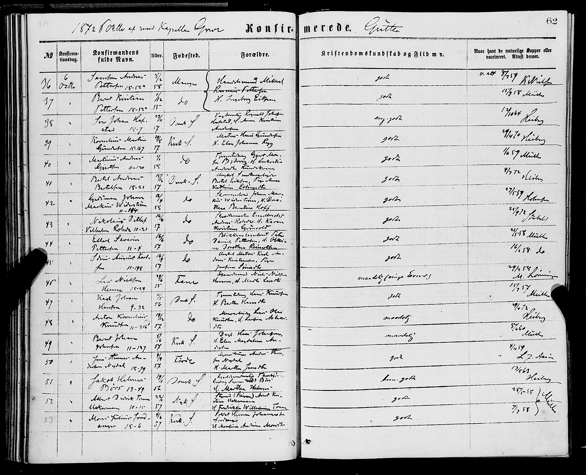 Domkirken sokneprestembete, AV/SAB-A-74801/H/Haa/L0029: Parish register (official) no. C 4, 1864-1879, p. 62