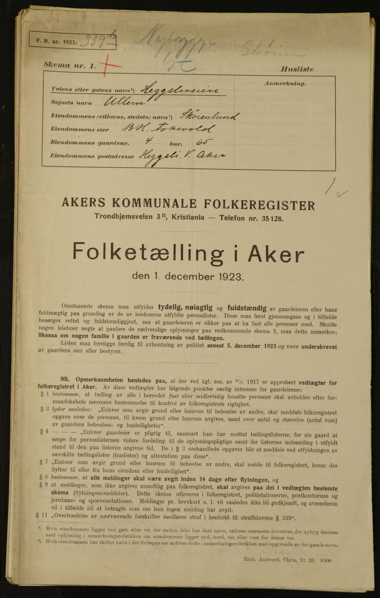 , Municipal Census 1923 for Aker, 1923, p. 2290