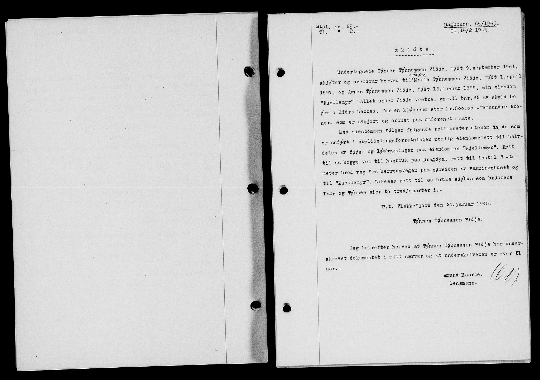 Flekkefjord sorenskriveri, SAK/1221-0001/G/Gb/Gba/L0059: Mortgage book no. A-7, 1944-1945, Diary no: : 65/1945