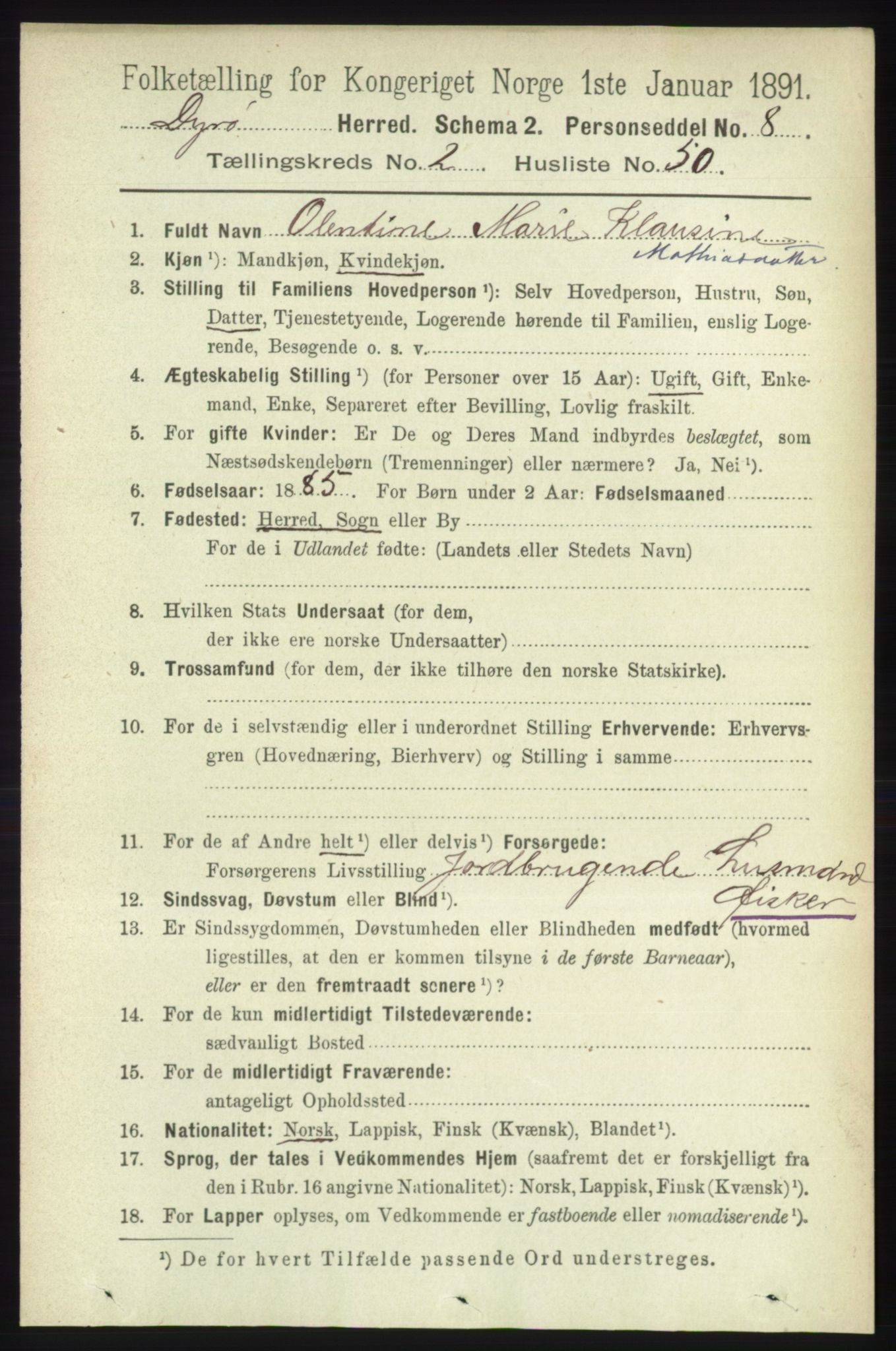 RA, 1891 census for 1926 Dyrøy, 1891, p. 897