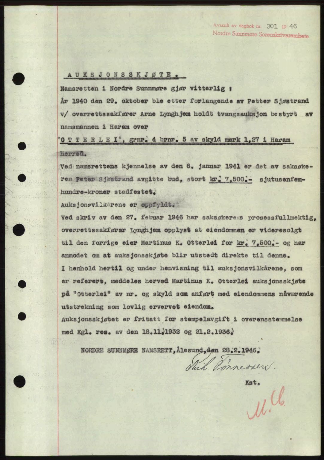 Nordre Sunnmøre sorenskriveri, AV/SAT-A-0006/1/2/2C/2Ca: Mortgage book no. A20b, 1946-1946, Diary no: : 301/1946