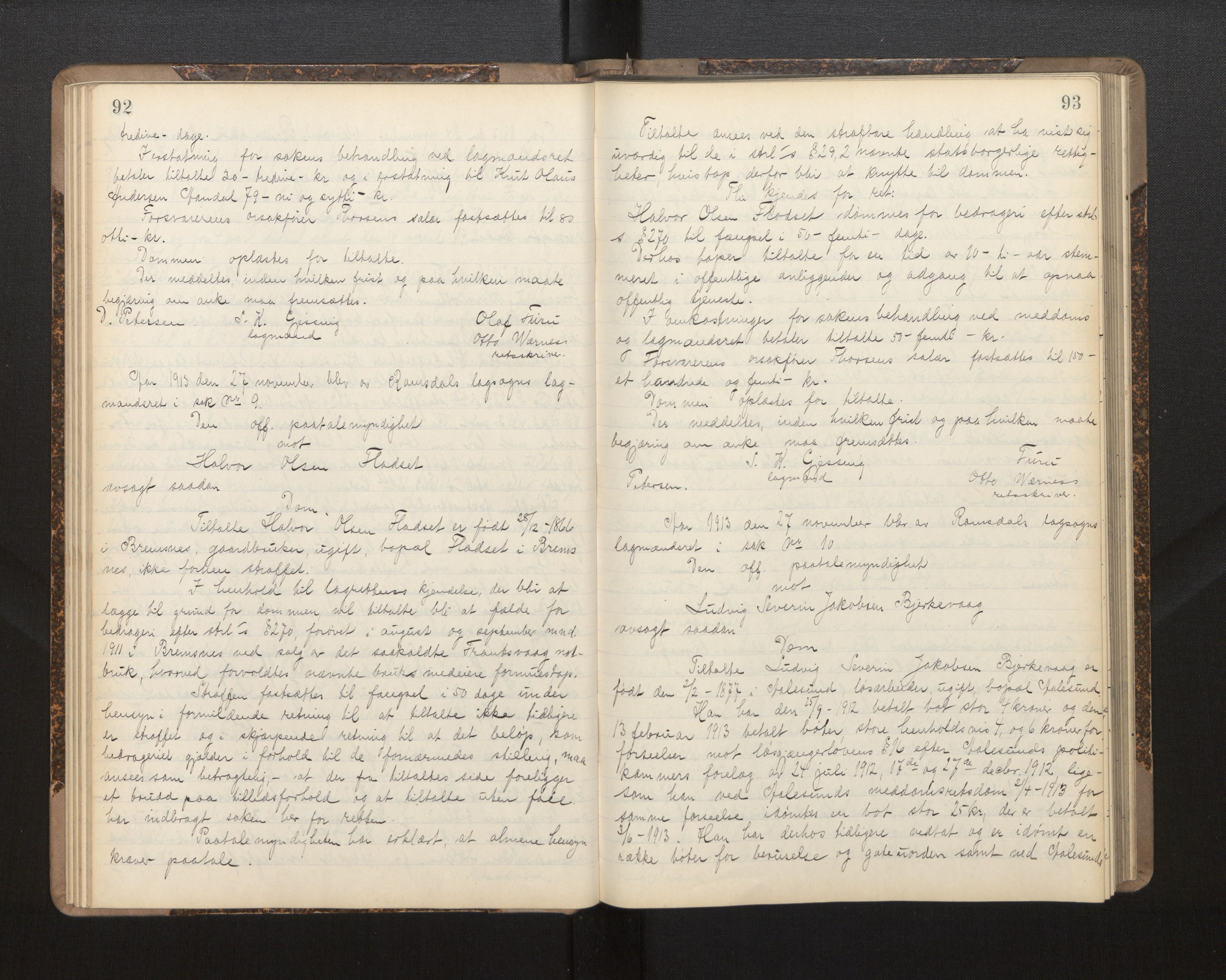 Gulating lagmannsrett, AV/SAB-A-60201/D/Da/L0005: Domsprotokoll for straffesaker - Gula- og Frostating lagdømme, 1912-1918, p. 92-93