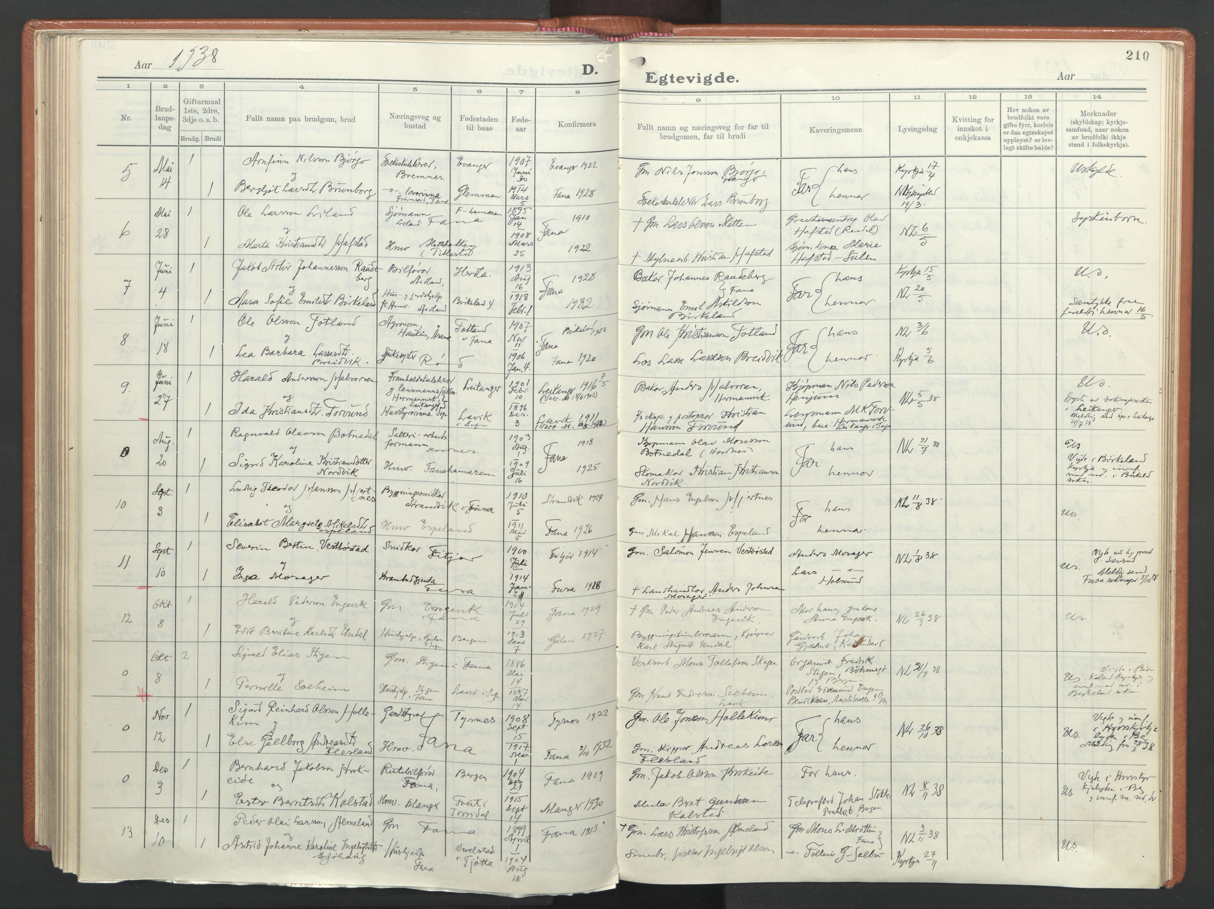 Fana Sokneprestembete, AV/SAB-A-75101/H/Haa/Haab/L0007: Parish register (official) no. B 7, 1934-1947, p. 210