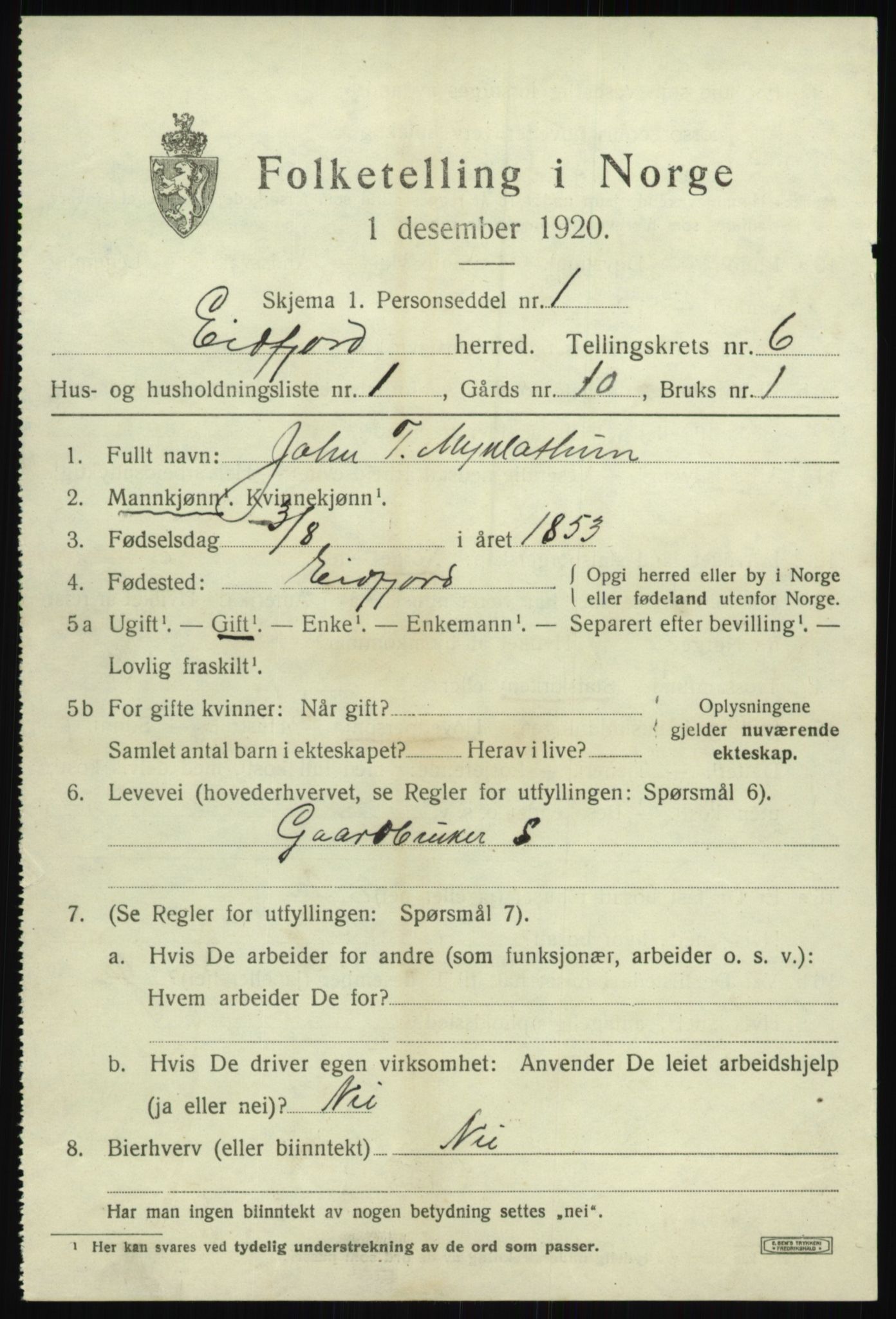 SAB, 1920 census for Eidfjord, 1920, p. 1920
