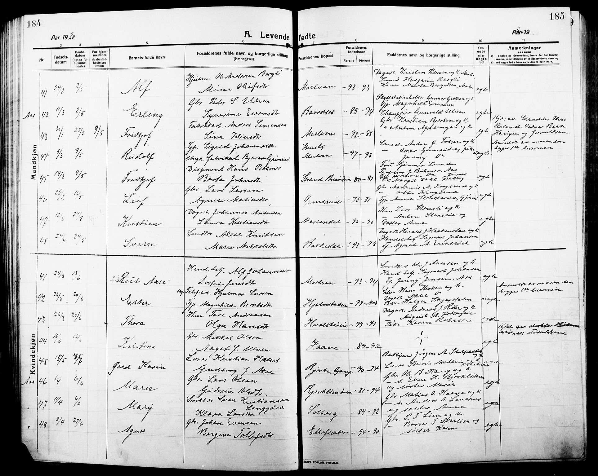 Ringsaker prestekontor, SAH/PREST-014/L/La/L0018: Parish register (copy) no. 18, 1913-1922, p. 184-185