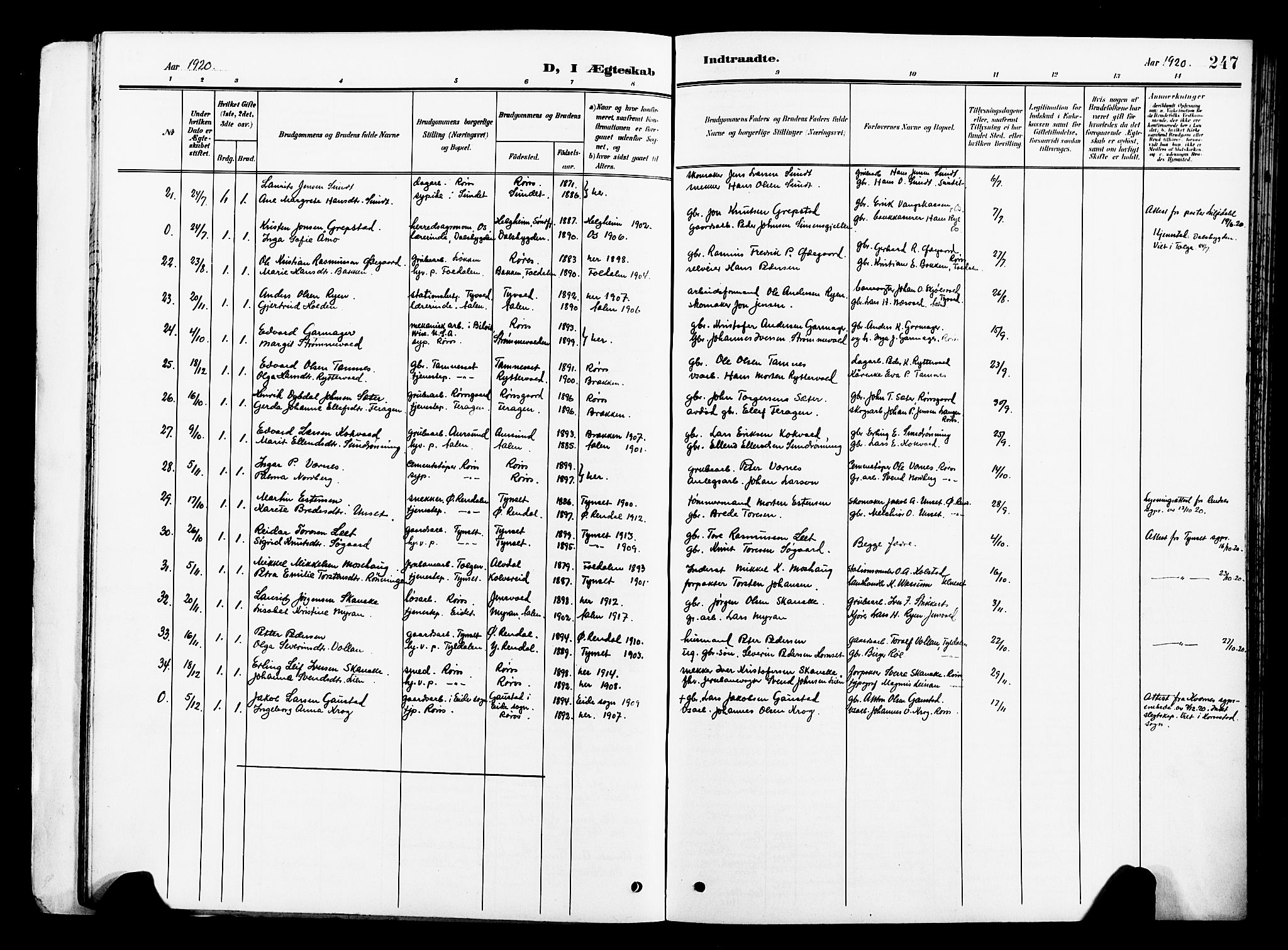 Ministerialprotokoller, klokkerbøker og fødselsregistre - Sør-Trøndelag, SAT/A-1456/681/L0942: Parish register (copy) no. 681C06, 1906-1925, p. 247