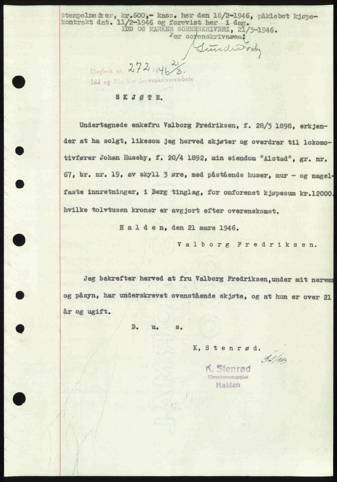 Idd og Marker sorenskriveri, AV/SAO-A-10283/G/Gb/Gbb/L0008: Mortgage book no. A8, 1946-1946, Diary no: : 272/1946