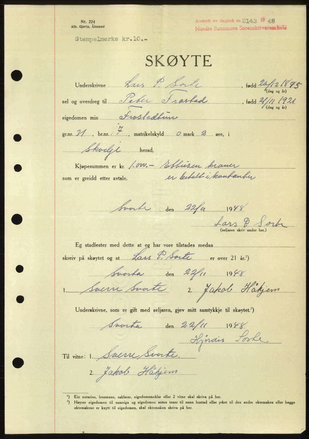 Nordre Sunnmøre sorenskriveri, AV/SAT-A-0006/1/2/2C/2Ca: Mortgage book no. A29, 1948-1949, Diary no: : 2143/1948