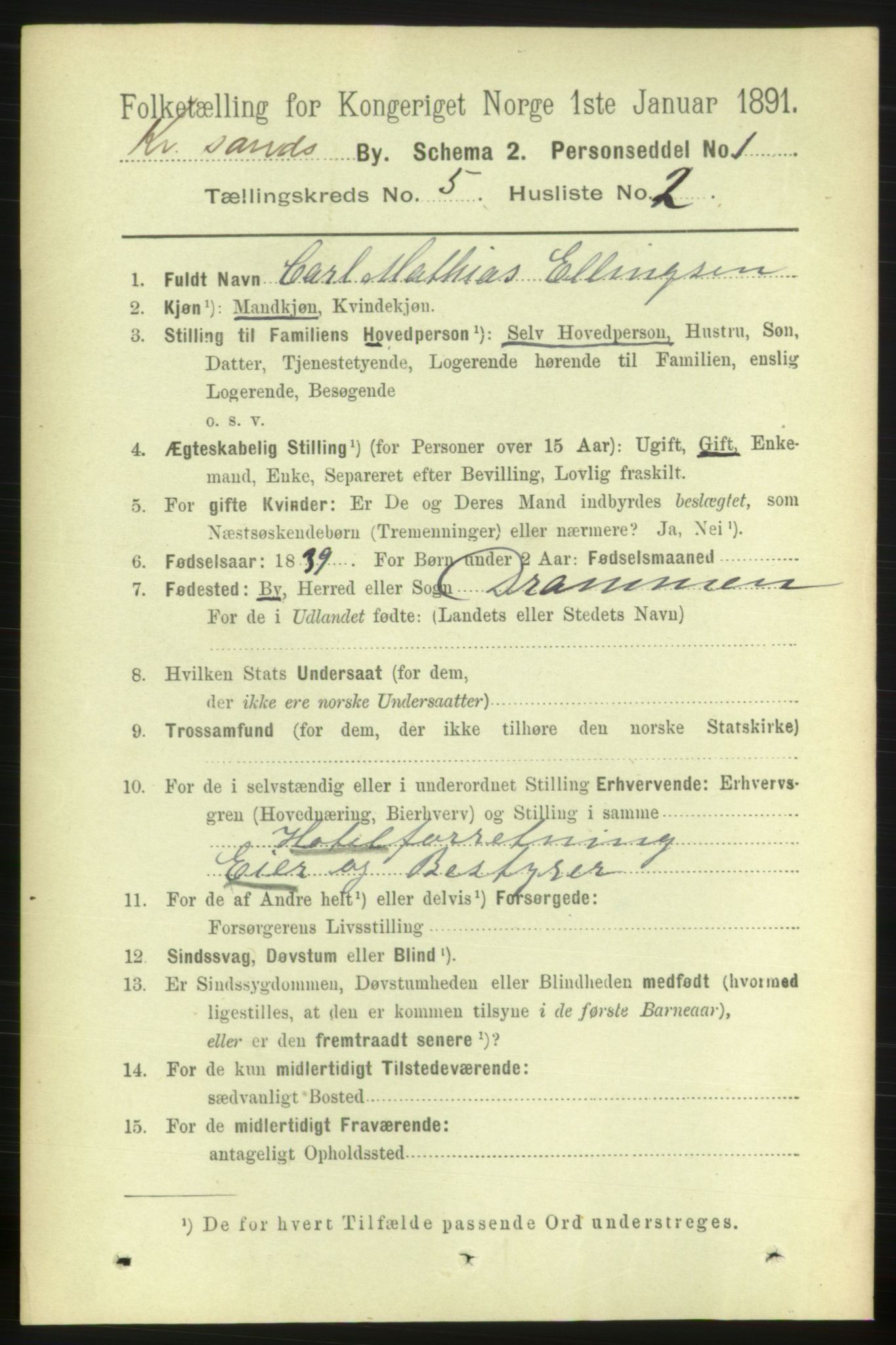 RA, 1891 census for 1001 Kristiansand, 1891, p. 3993