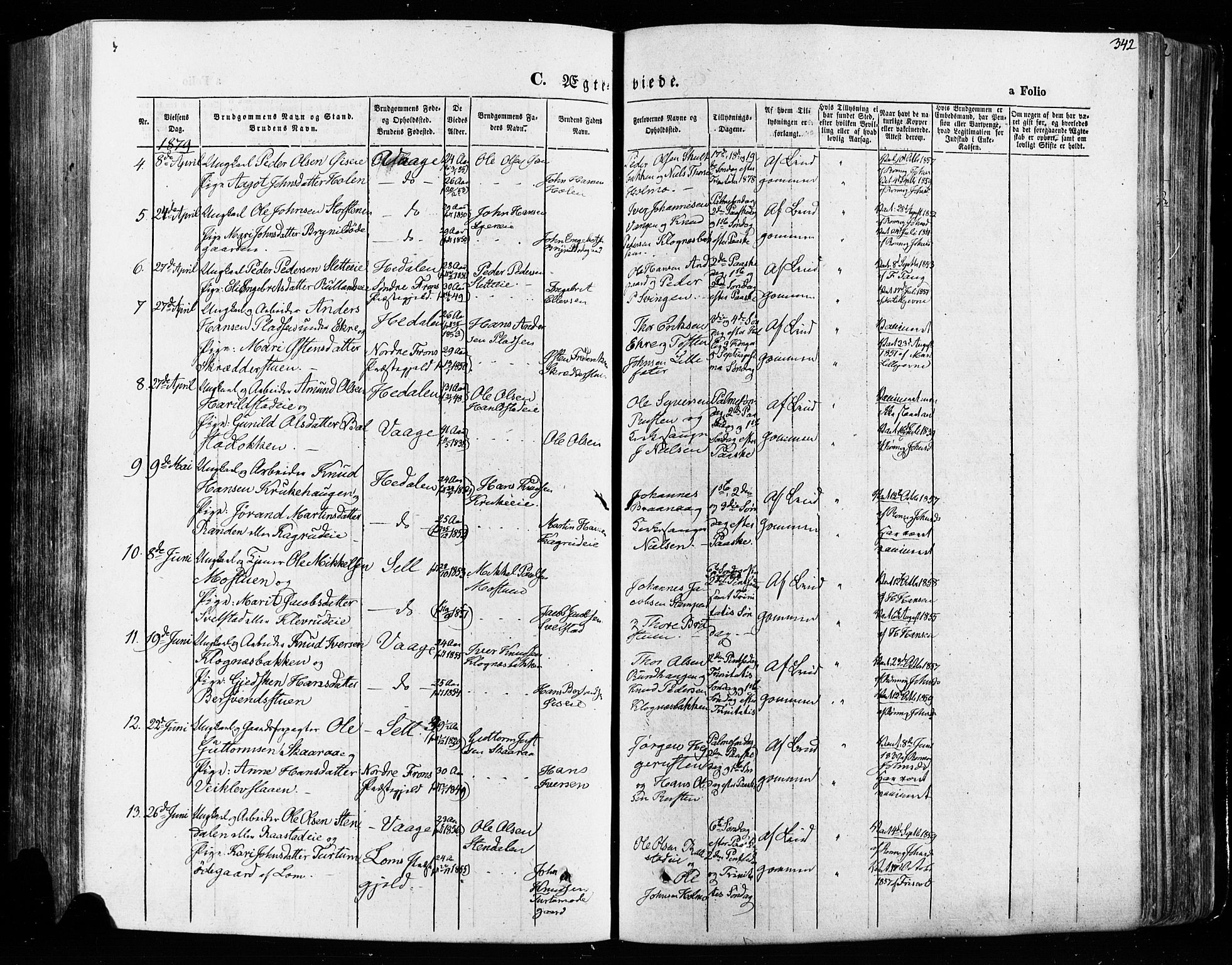 Vågå prestekontor, SAH/PREST-076/H/Ha/Haa/L0007: Parish register (official) no. 7 /1, 1872-1886, p. 342
