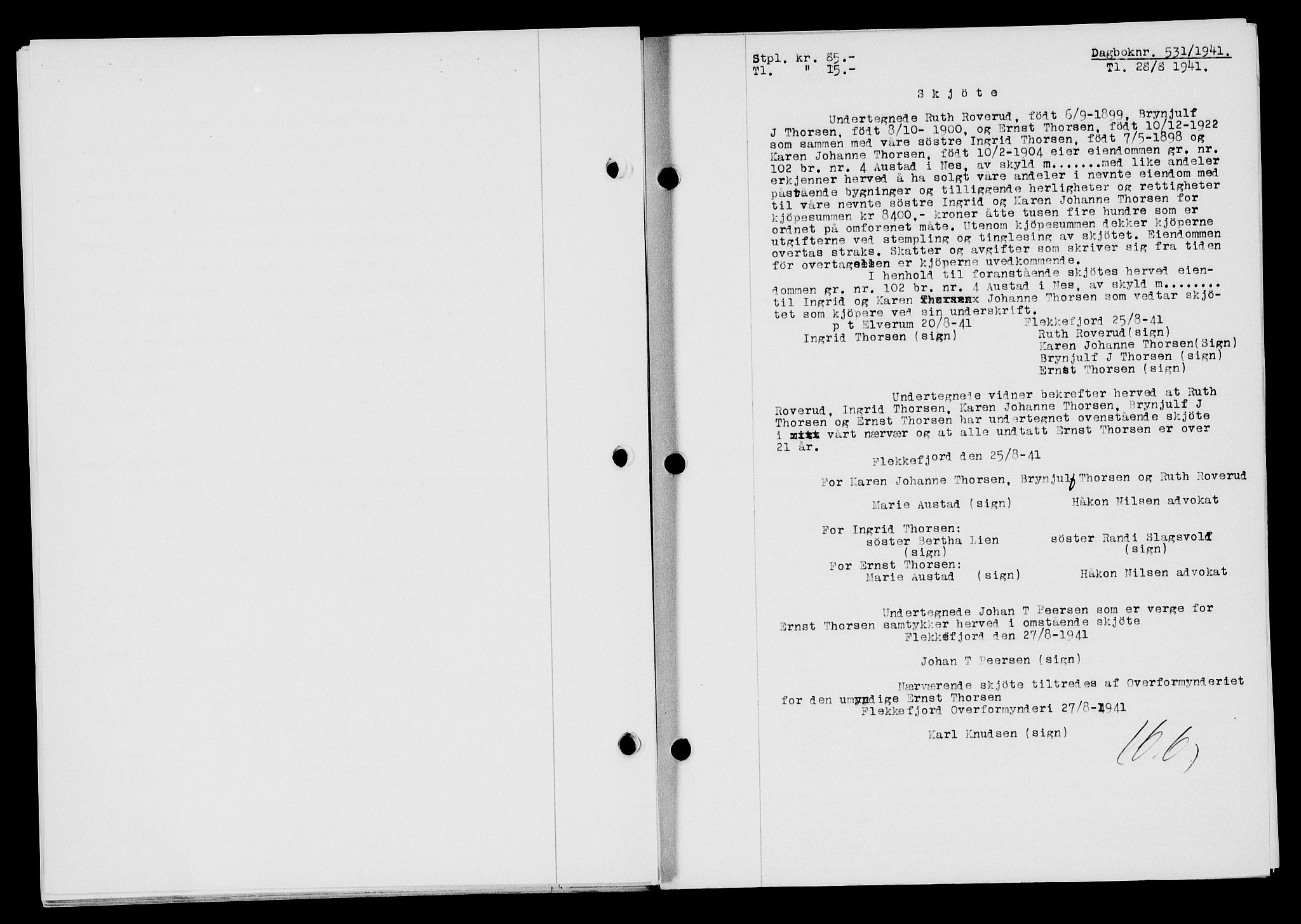 Flekkefjord sorenskriveri, SAK/1221-0001/G/Gb/Gba/L0057: Mortgage book no. A-5, 1941-1942, Diary no: : 531/1941