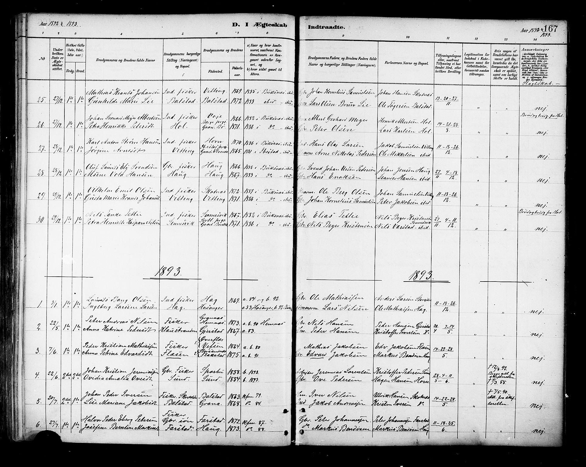Ministerialprotokoller, klokkerbøker og fødselsregistre - Nordland, SAT/A-1459/881/L1167: Parish register (copy) no. 881C04, 1886-1899, p. 167