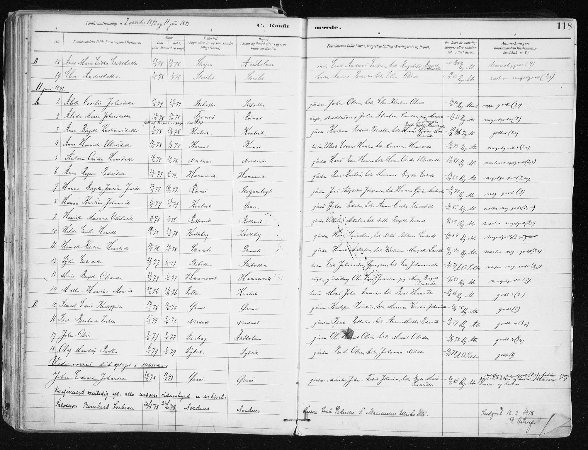 Lyngen sokneprestembete, AV/SATØ-S-1289/H/He/Hea/L0008kirke: Parish register (official) no. 8, 1891-1902, p. 118