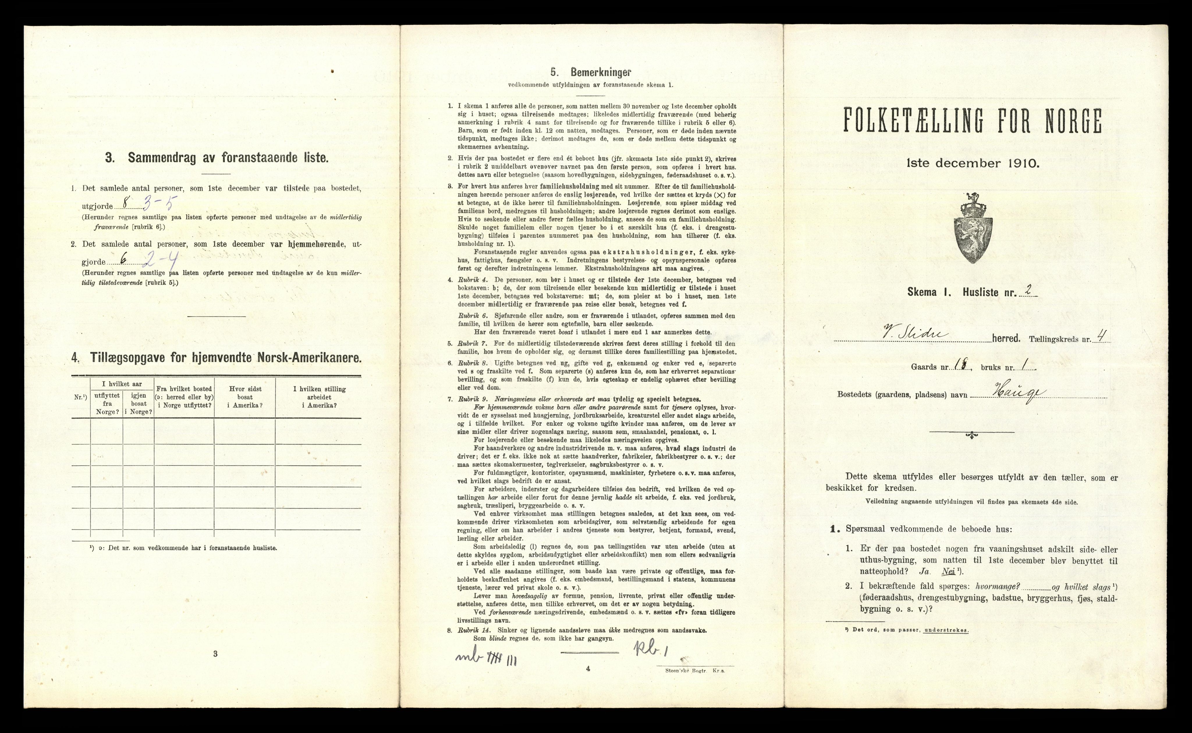 RA, 1910 census for Vestre Slidre, 1910, p. 351