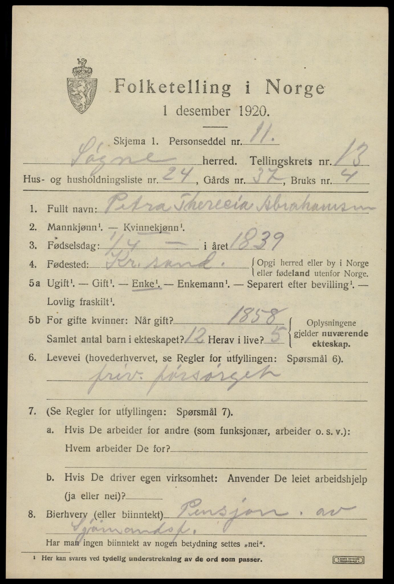 SAK, 1920 census for Søgne, 1920, p. 6665