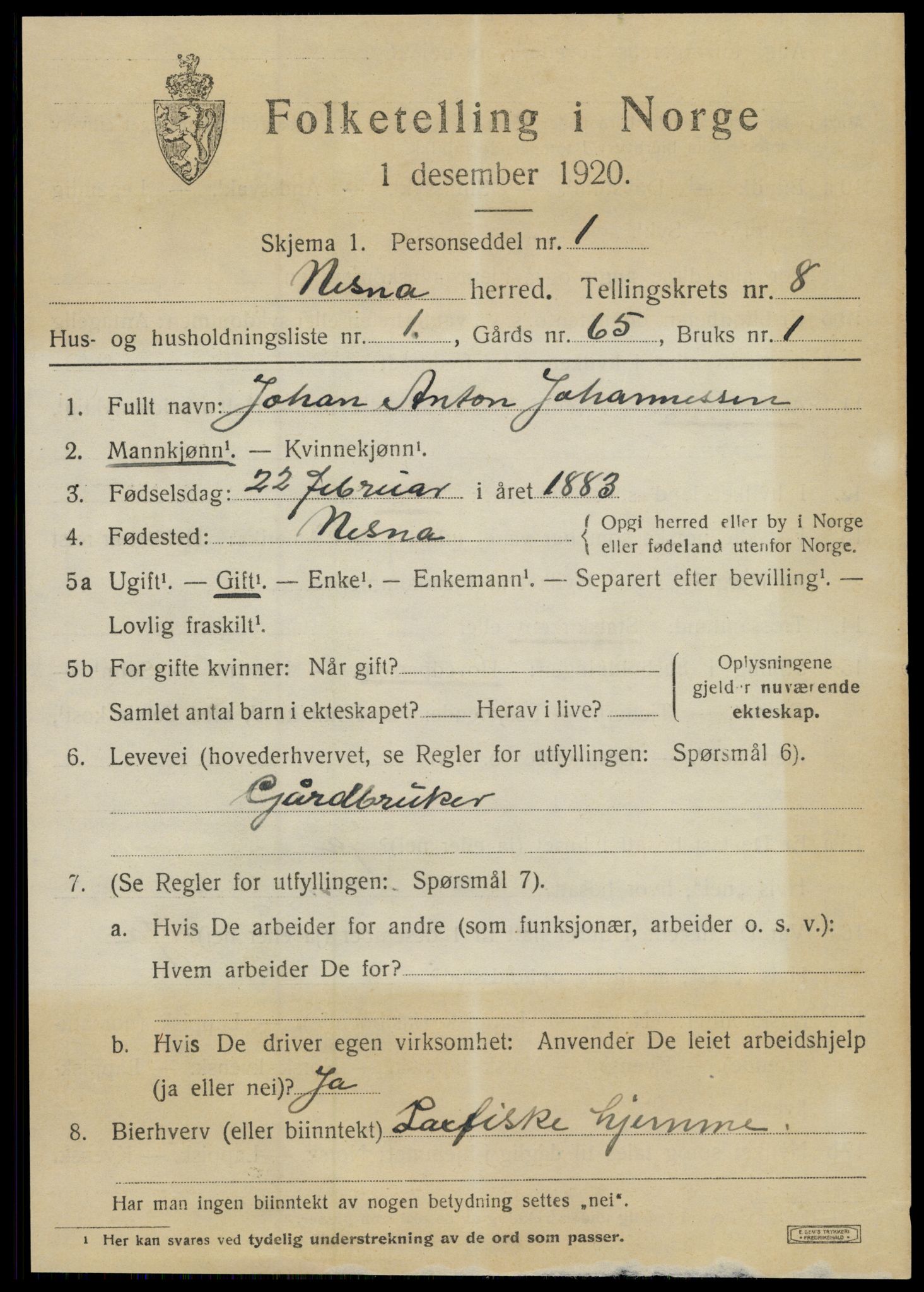 SAT, 1920 census for Nesna, 1920, p. 6555