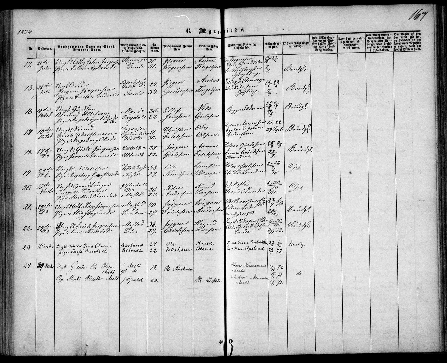 Gjerstad sokneprestkontor, AV/SAK-1111-0014/F/Fa/Faa/L0007: Parish register (official) no. A 7, 1858-1875, p. 167