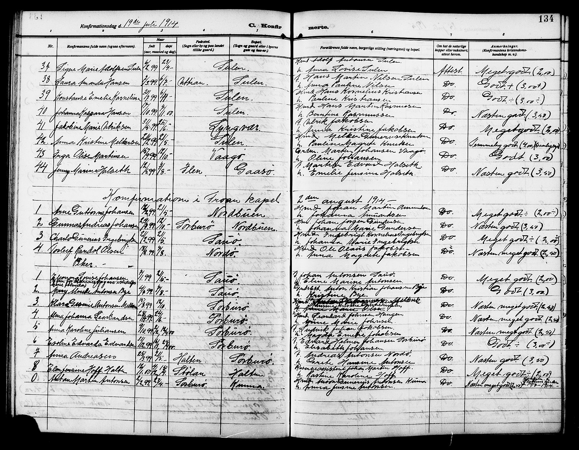 Ministerialprotokoller, klokkerbøker og fødselsregistre - Sør-Trøndelag, SAT/A-1456/640/L0588: Parish register (copy) no. 640C05, 1909-1922, p. 134